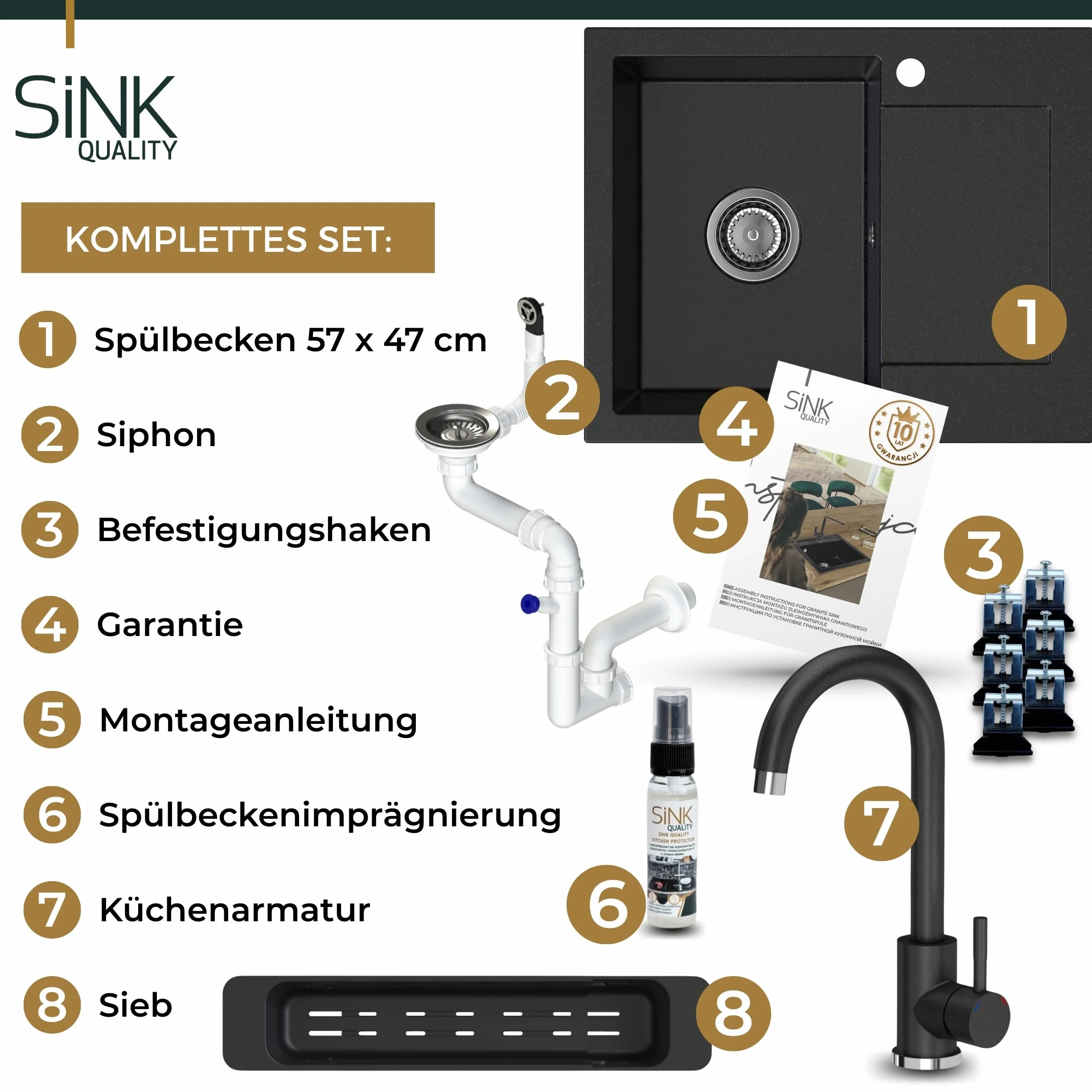 SINK QUALITY zlewozmywak granitowy czarny cętkowany z armaturą 58 x 47 – zlewozmywak z syfonem i środkiem impregnującym – zlewozmywak kuchenny czarny nakrapiany z ociekaczem do szafki pod umywalkę 50