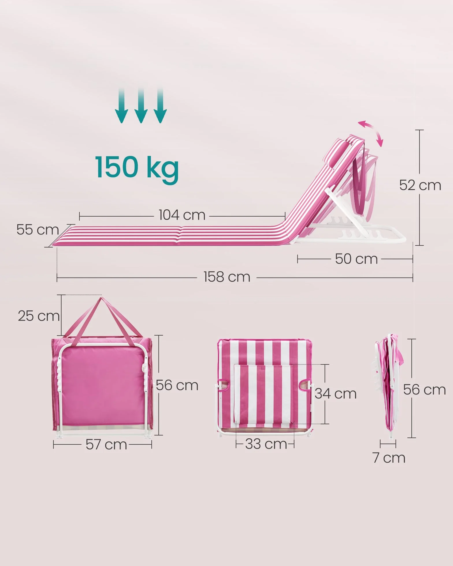 SONGMICS Krzesło plażowe składane 2 szt. 158x55 cm różowo-białe paski
