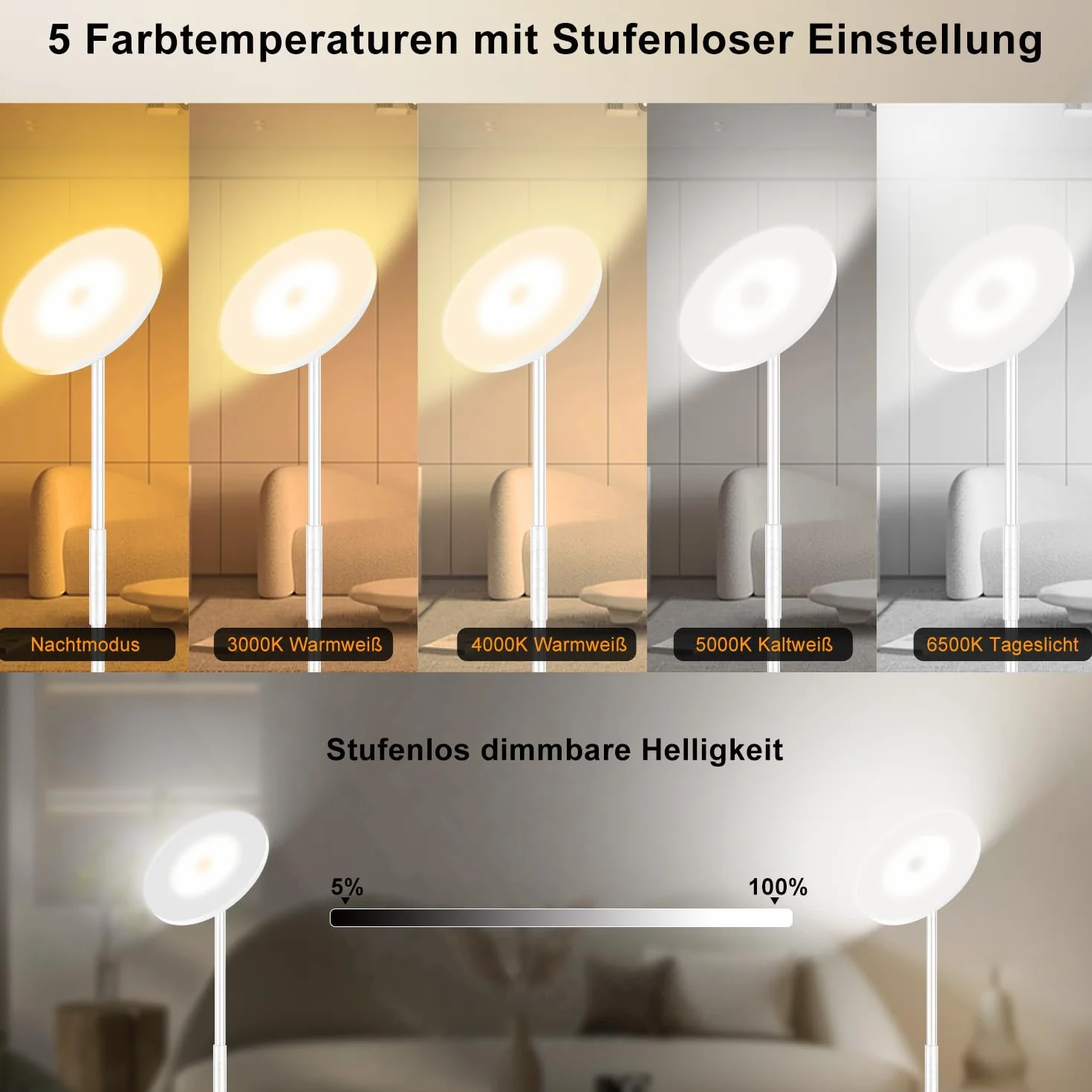 Biały Lampa podłogowa LED, 3600LM 36W Super jasna ściemnialna lampa podłogowa Salon 2700K-6500K Stepless Dimming, zdalne sterowanie i sterowanie dotykowe, nowoczesna lampa podłogowa do Sypialnia Biuro