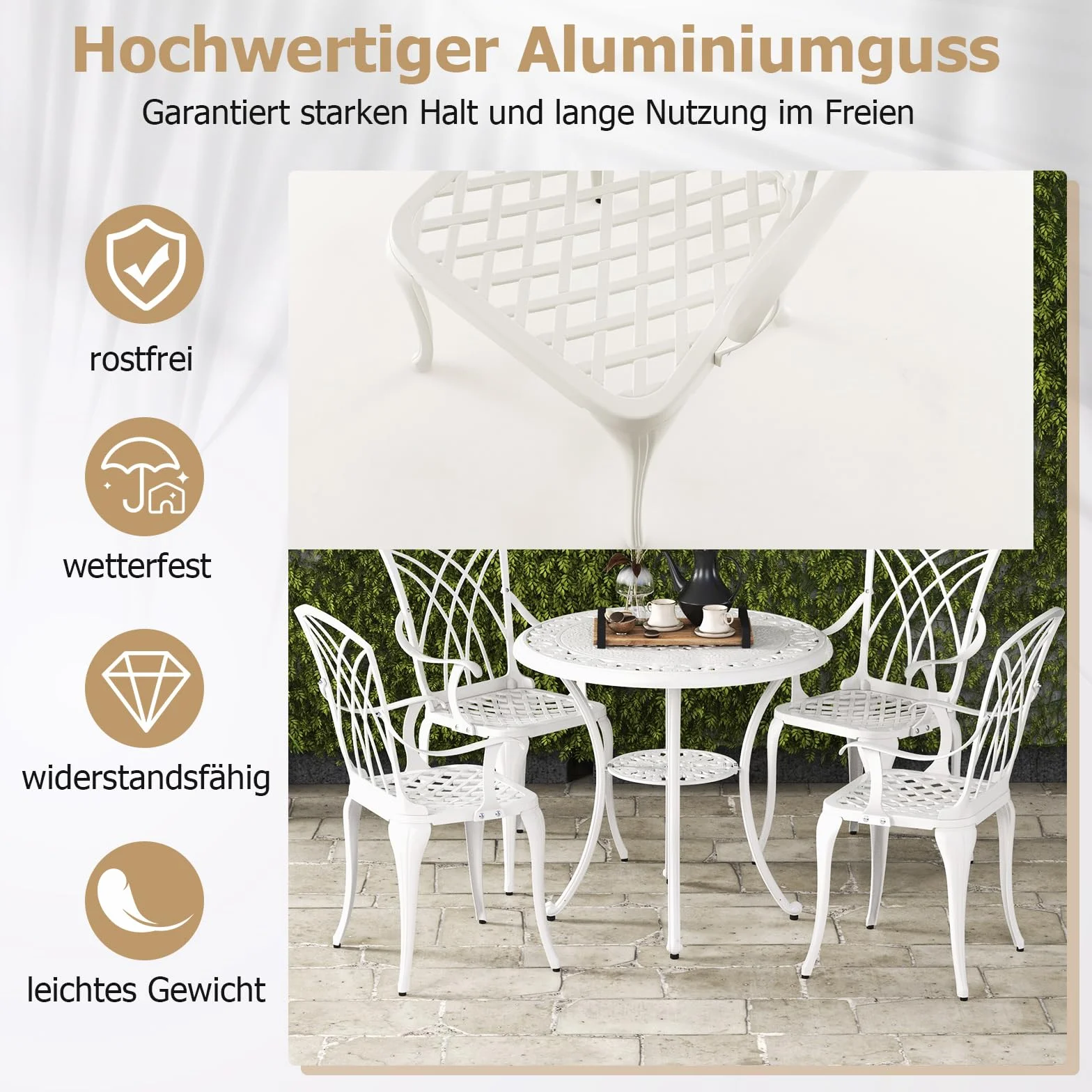 COSTWAY 5-częściowy zestaw mebli ogrodowych z odlewu aluminiowego, odporne na warunki atmosferyczne, stół z otworem na parasol