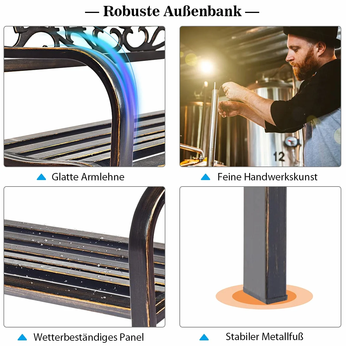 COSTWAY Ławka ogrodowa metalowa żeliwna na 2-3 osoby z oparciem i podłokietnikami 127x63.5x89 cm