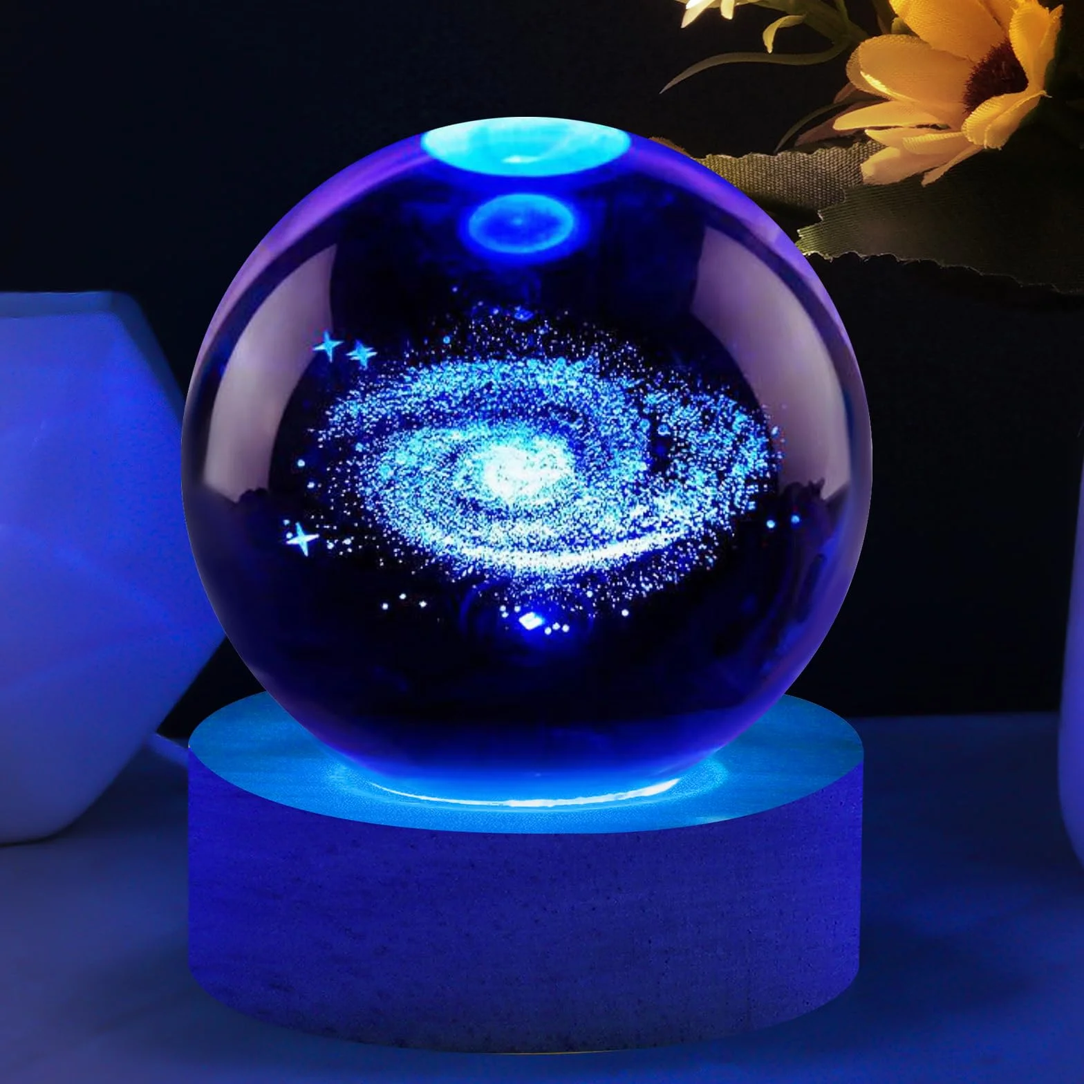 Vicloon 3D galaktyka kryształowa kula lampka nocna, planety 3D, kryształowa kula z drewnianą podstawą, kosmiczna galaktyka LED lampka nocna do dekoracji domu, na stół, prezent urodzinowy, rocznicę