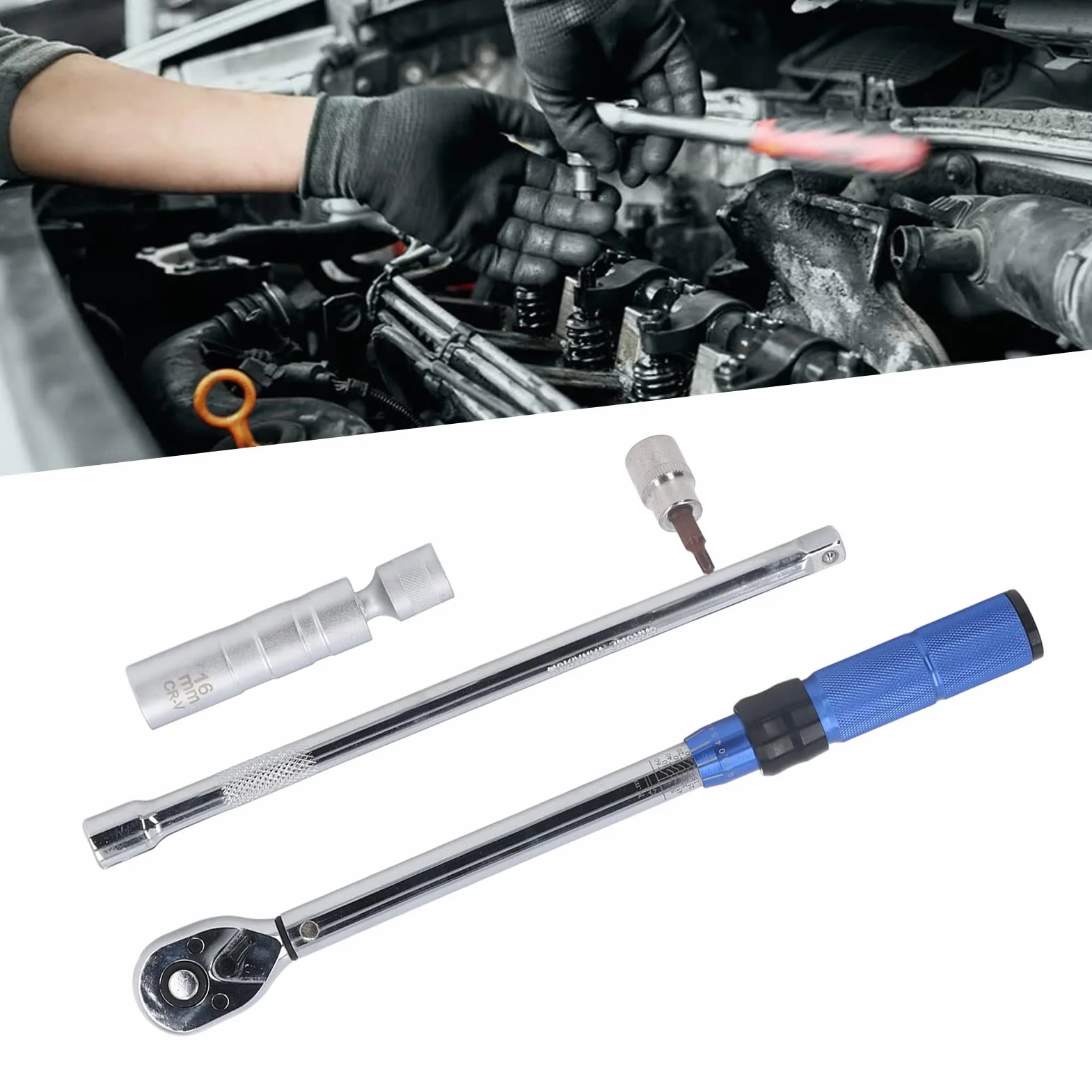 Zestaw kluczy skrętnych z napędem 3/8 cala |Nasadki do świec zapłonowych 14 mm i 16 mm do samochodów/motocykli/dwóch – konserwacja |7 szt. z przedłużką i bitami gwiazdkowymi