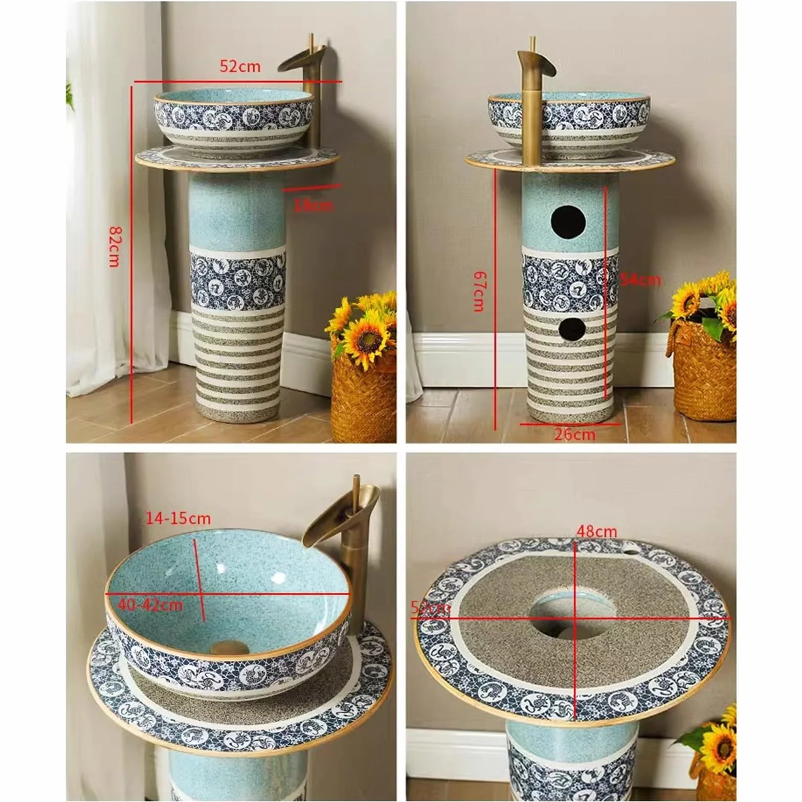 Zlewozmywak łazienkowy na cokole, retro i kreatywna ceramiczna umywalka kolumnowa, 3-częściowa umywalka łazienkowa z podstawą, umywalka podłogowa z kranami, zestaw s(B)