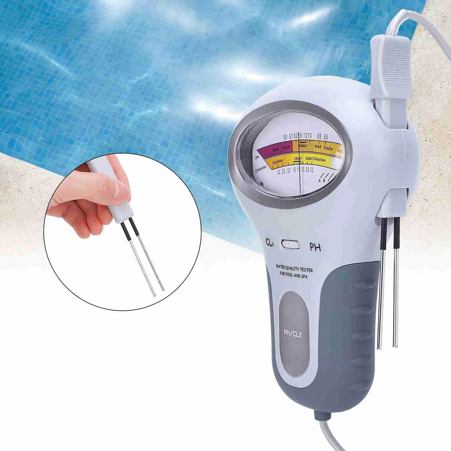 PC-102B CL2 tester z sondą, tester chloru w basenie, analizator pH，chloru i soli, do basenów/spa