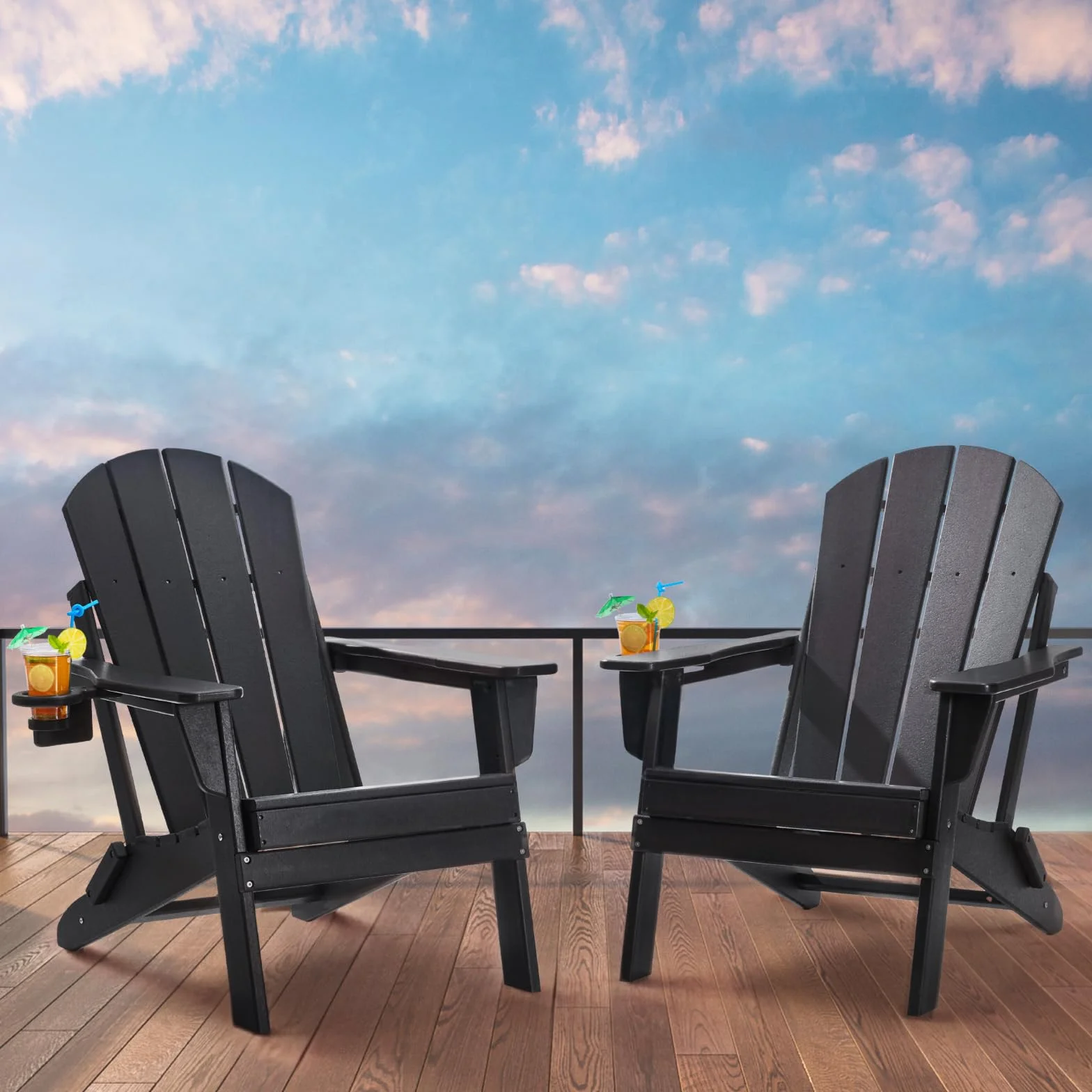 VEVOR Krzesła Adirondack z tworzywa sztucznego, zestaw 2 sztuk, odporne na warunki atmosferyczne, przenośne składane krzesła ogrodowe na patio z uchwytem na kubek, ergonomiczny relaksacyjny
