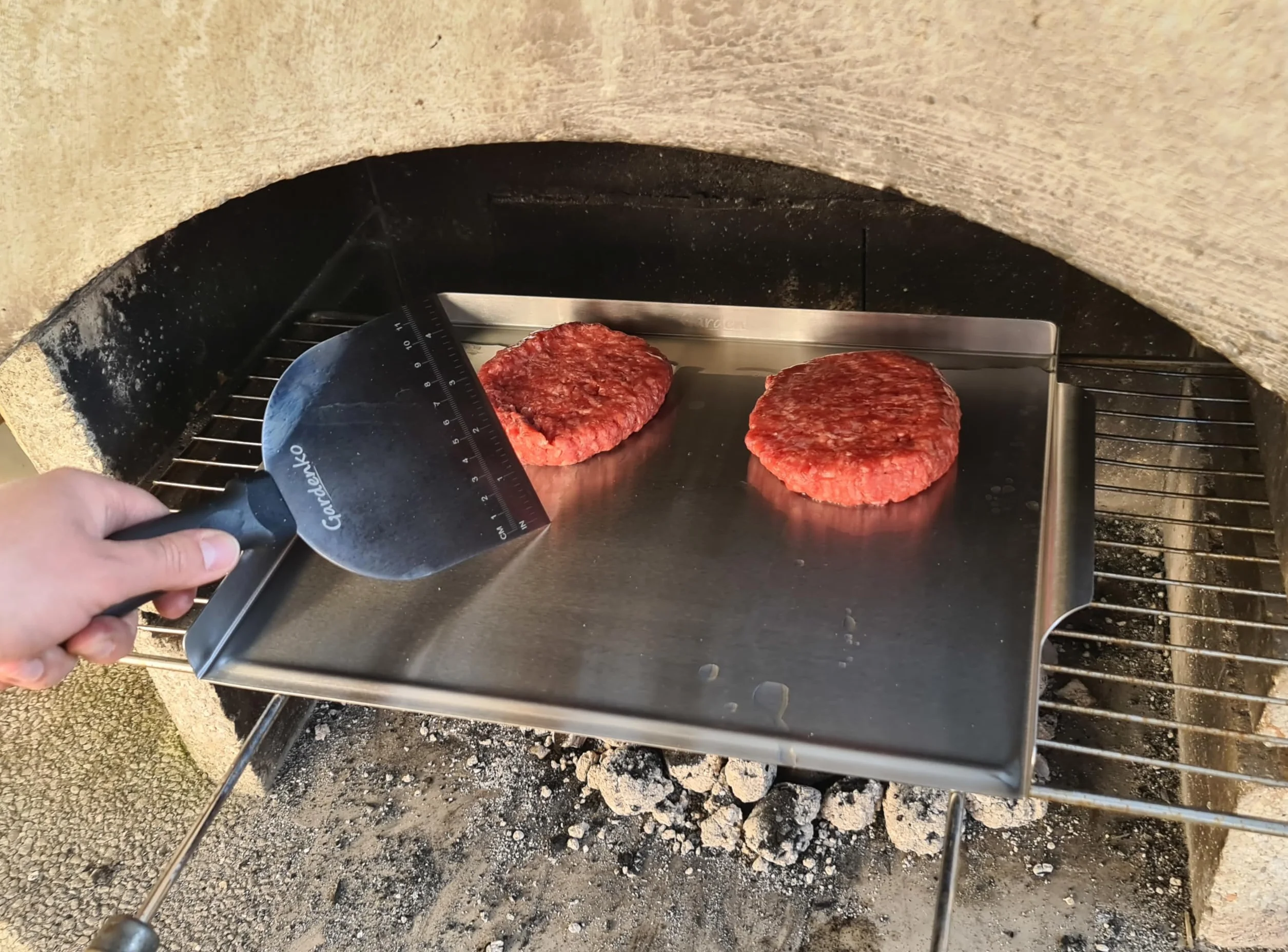 Łopatka do Burgerów ze Stali Nierdzewnej, Szpachelka do płyty grillowej Plancha, Szpatułka na Grilla Szeroka z Miarką - Zestaw 2 szt
