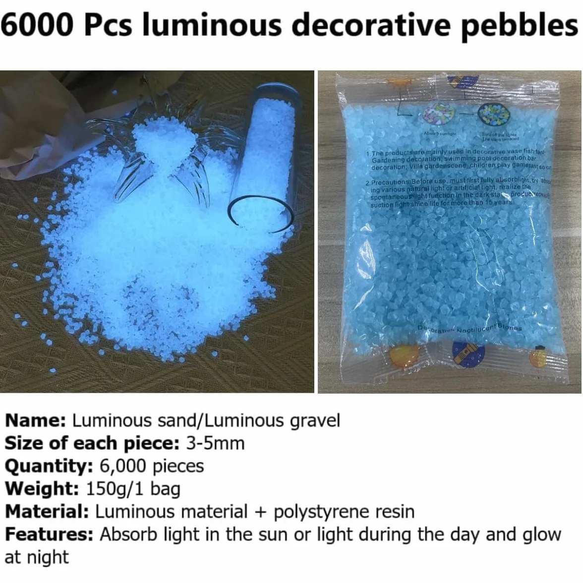 Niebieski Świecący Piasek Fluorescencyjny 3-5 mm 150g do Akwarium Dekoracyjny