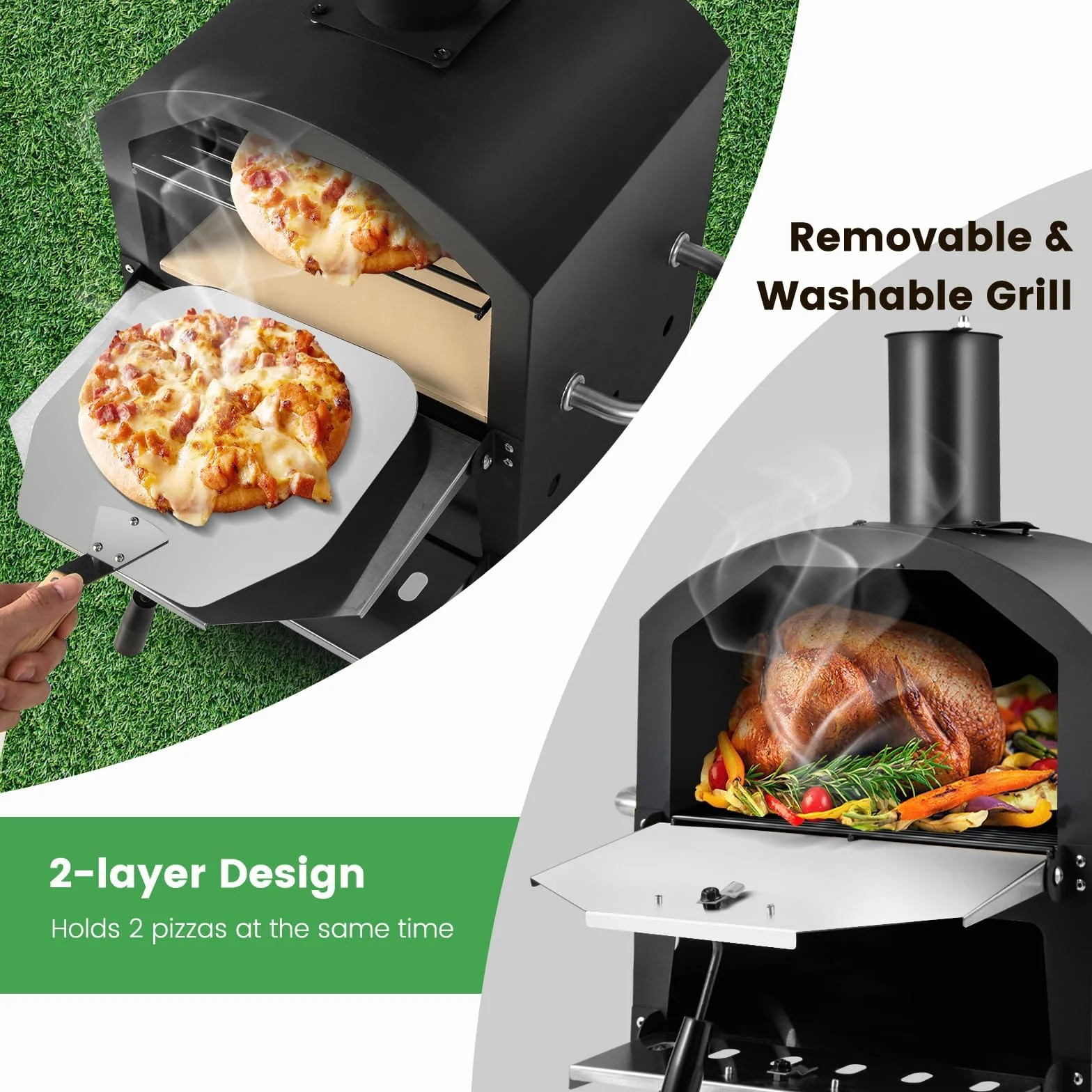 KOMFOTTEU Piec do pizzy na zewnątrz 600℃ przenośny stal nierdzewna 2 stopnie ogród mini kamień łopatka ruszt