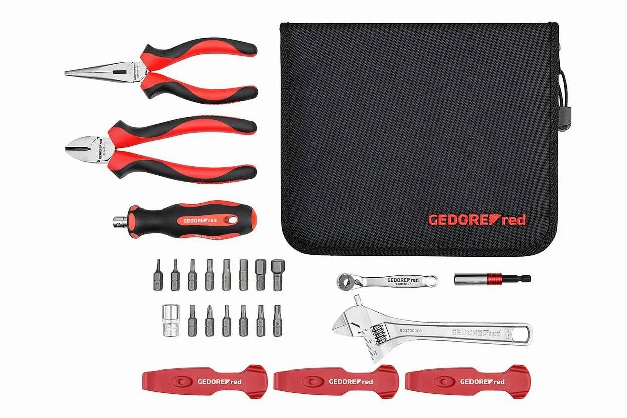 GEDORE Red R21702025 Profesjonalny Zestaw Narzędzi Rowerowych, 25-Częściowy, Klucz Nastawny 1/4", Uniwersalny Zestaw Naprawczy z Torbą