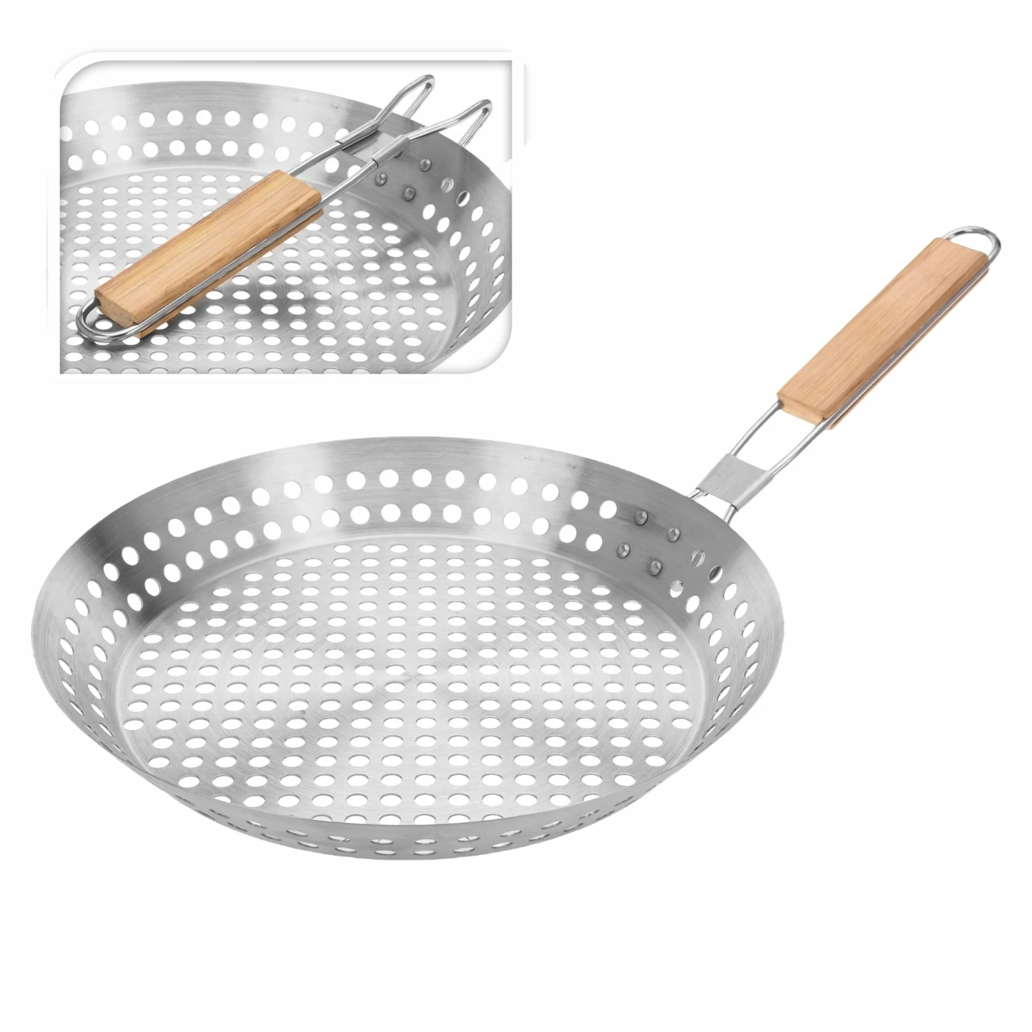Patelnia grillowa z perforowaną powierzchnią ze stali nierdzewnej ze składanym drewnianym uchwytem, Ø 30 cm, idealna do grillowania