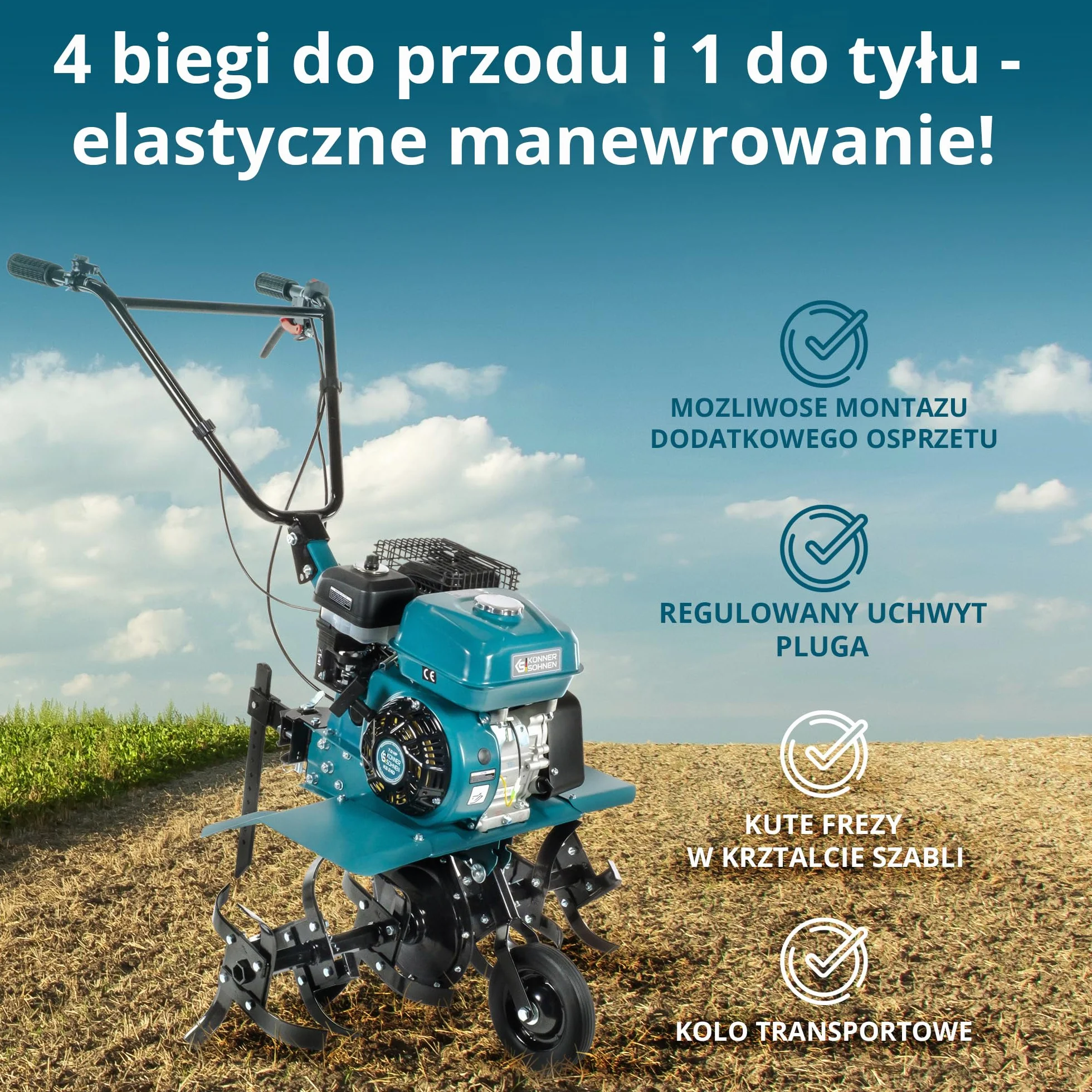 Glebogryzarka Benzynowa Könner & Söhnen KS 7HP-850A Kultywator Spalinowy z Paskiem, Napędem łańcuchowym, Kute Nożyce Szablaste, Regulowany Otwieracz, Szerokość Robocza ≤ 80 cm, Głębokość Robocza ≤ 31 cm, Moc Silnika 7,0 KM
