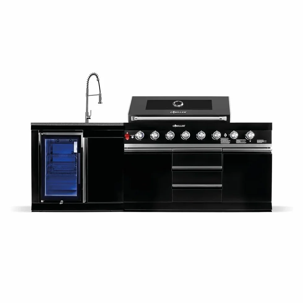 GORILLER BLACKBACK S1 kuchnia outdoorowa, grill gazowy XXL z obudową ze stali nierdzewnej, zintegrowana lodówka, kran, czarny