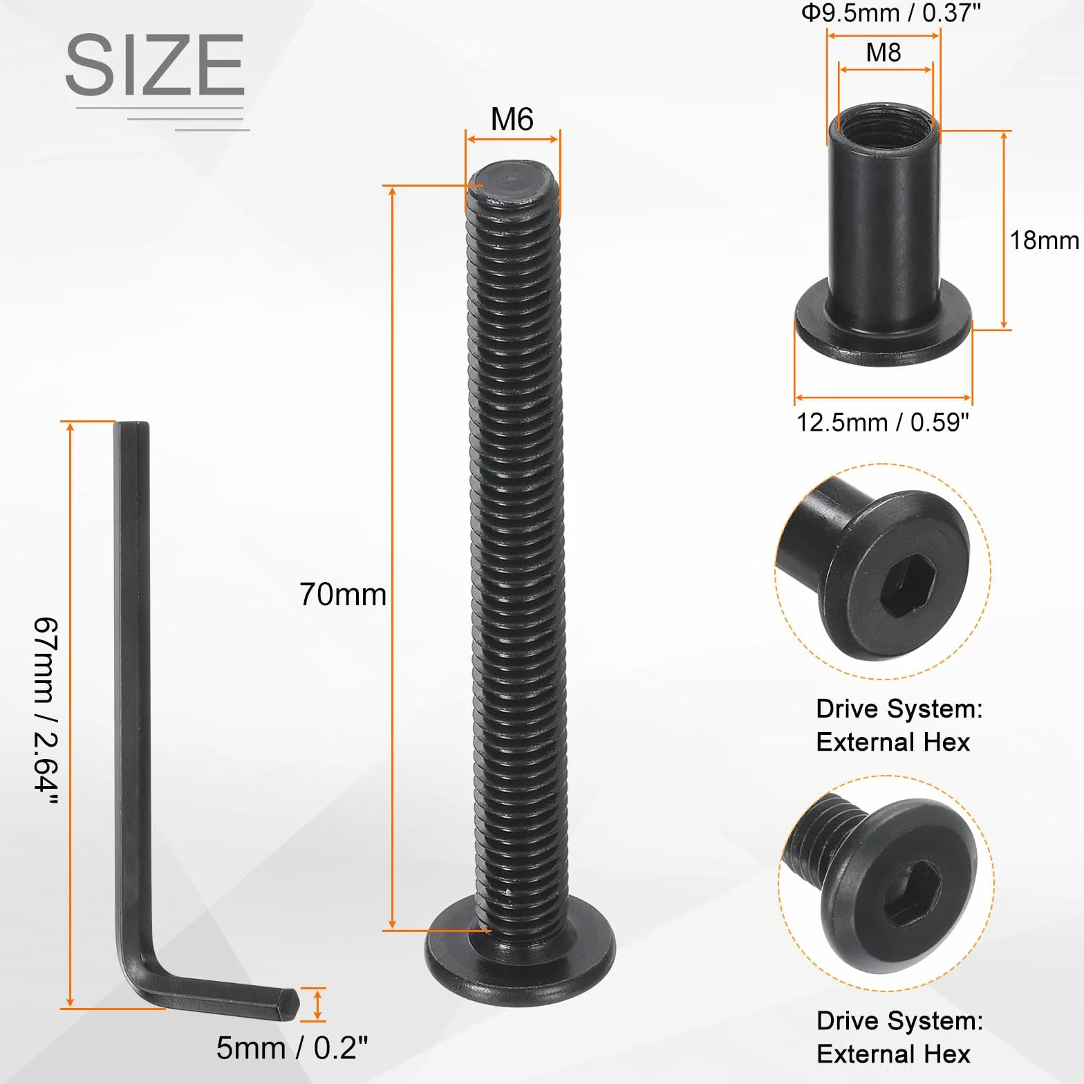 QUARKZMAN 5 Setsde Śruby z łbem sześciokątnym M8x70mm i nakrętki M8x18mm z kluczem sześciokątnym, śruby i śruby łączące meble do mebli z paskiem stożkowym, czarny