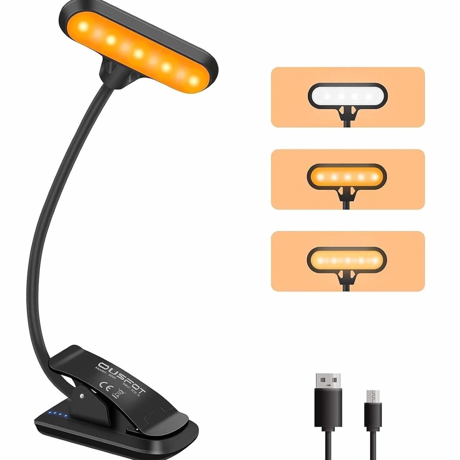 OUSFOT Lampa do czytania książek, zacisk z 3 stopniami jasności, 9 diod LED, ładowana przez USB, lampa zaciskowa 360°, elastyczna lampa zaciskowa LED, do biura, łóżka, stojak na nuty