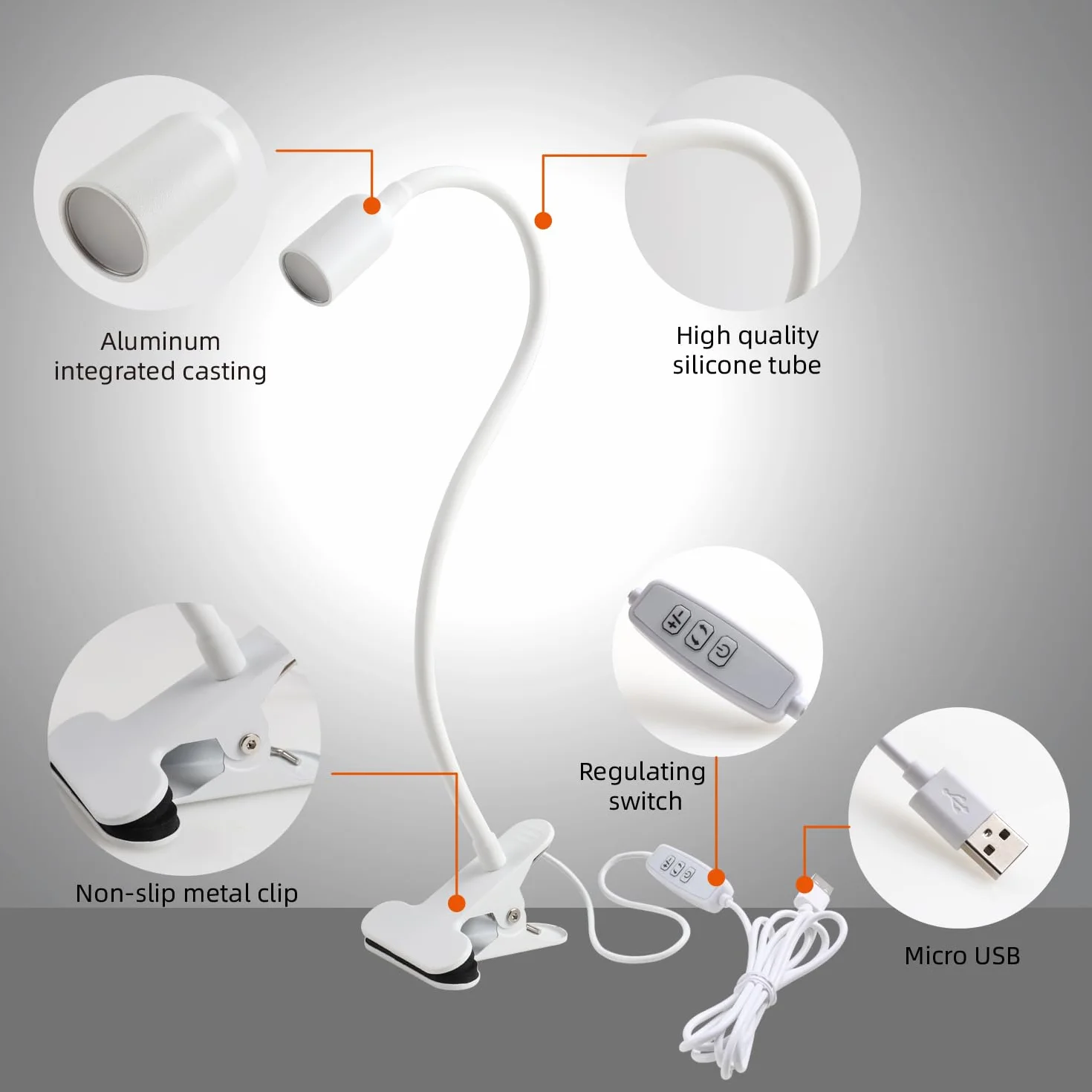 da LIGHT Lampa do czytania łóżka, zaciskowa, z zaciskiem LED, 3 temperatury barwowe, ściemniana lampa zaciskowa, lampka stołowa USB z kablem, biała, do nauki, czytania, pracy