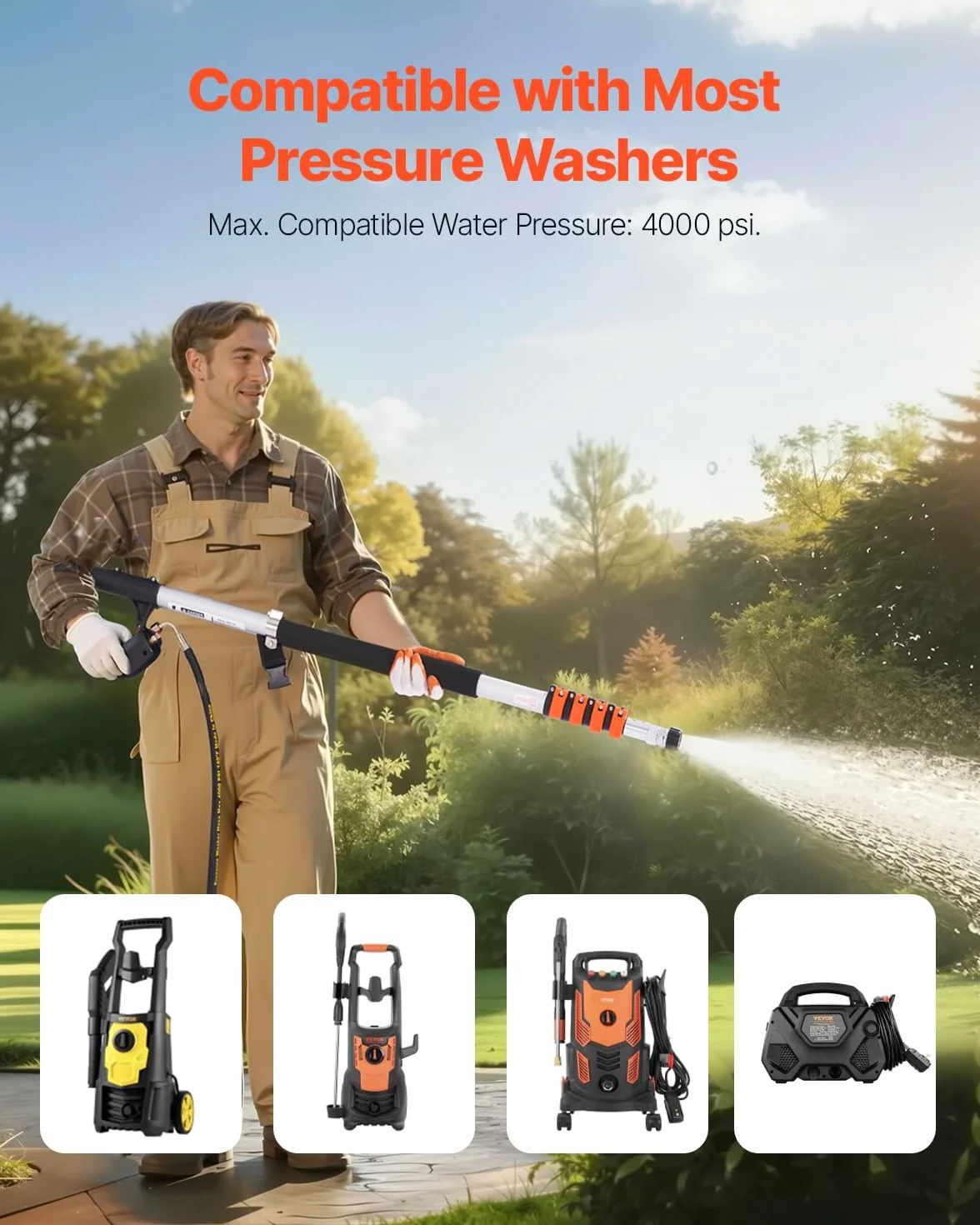 VEVOR Teleskopowa lanca myjki wysokociśnieniowej 6358 mm, teleskopowa rura strumieniowa, 4000 psi, teleskopowy pręt natryskowy z drążkiem przedłużającym, głowica szczotki, sprzęgło obrotowe, 7 dysz