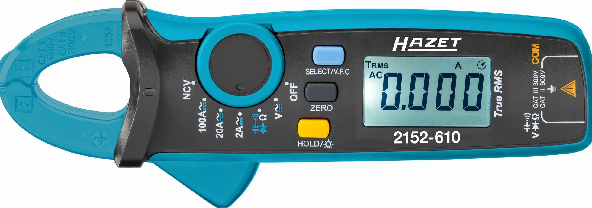HAZET Cyfrowy zacisk prądowy 2152-610, kompaktowy, do napięcia, prądu i oporu, z podświetlanym wyświetlaczem LCD, funkcją NCV, akcesoria w zestawie.