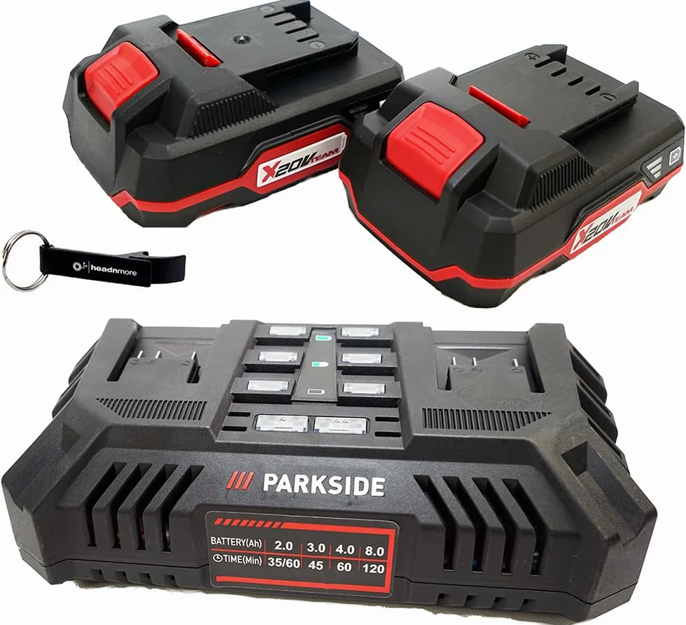 HEADNMORE® Bundle – Parkside® 20 V akumulator podwójna ładowarka PDSLG 20 + 2 x akumulator 2 Ah + breloczek do kluczy HEADNMORE®