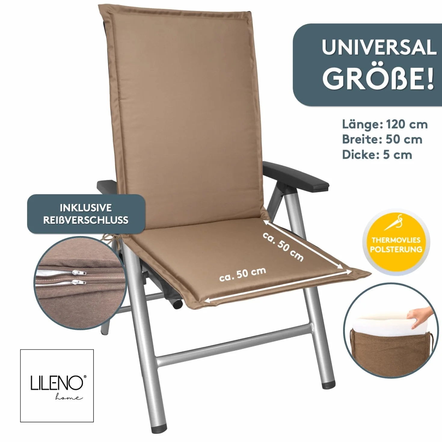 LILENO HOME Mia nakładki na krzesła ogrodowe, 4 sztuki, z wysokim oparciem, w kolorze szarobrązowym (taupe), wygodne leżaki jako poduszki na meble ogrodowe, poduszki na krzesła ogrodowe i składane