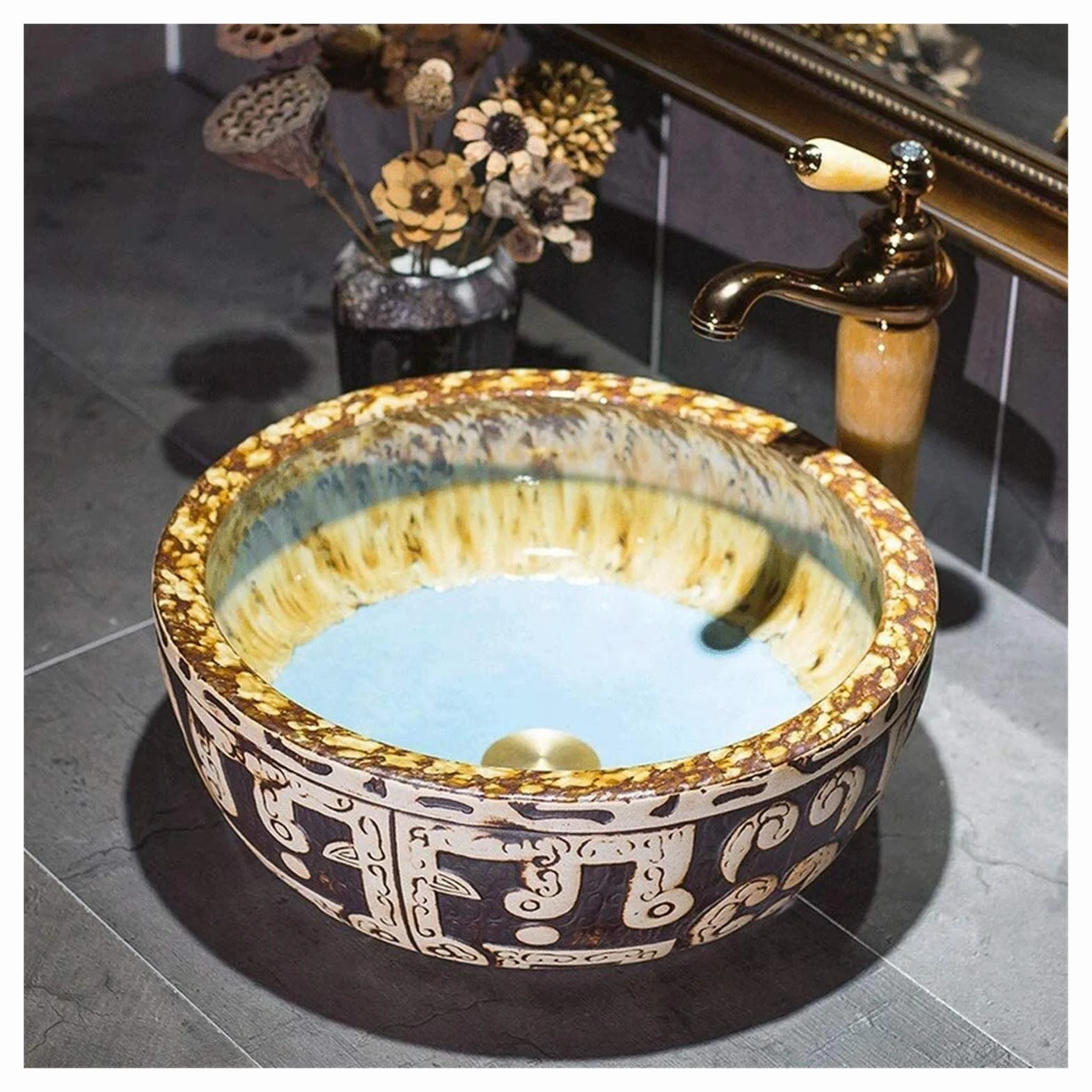Szafka Pod Umywalkę Z Umywalką, Umywalka Łazienkowa, Umywalka Nablatowa, Okrągła, 16-Calowa Artystyczna Ceramiczna Umywalka Łazienkowa Nablatowa, Porcelanowa Miska Nablat
