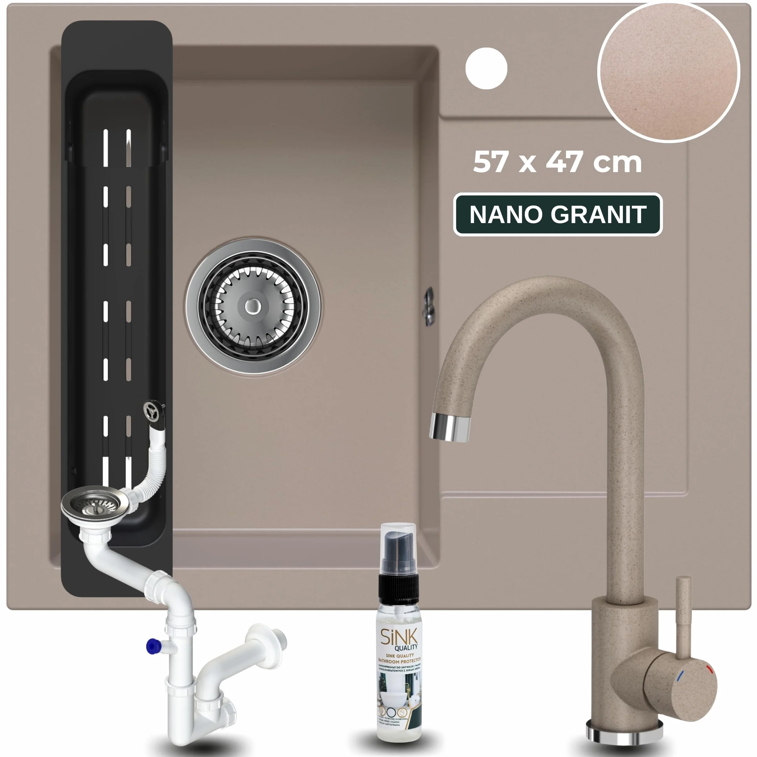 SINK QUALITY zlewozmywak granitowy beżowy z armaturą 58 x 47 - zlewozmywak z syfonem i środkiem impregnującym - zlewozmywak kuchenny beżowy z ociekaczem do szafki pod umywalkę 50