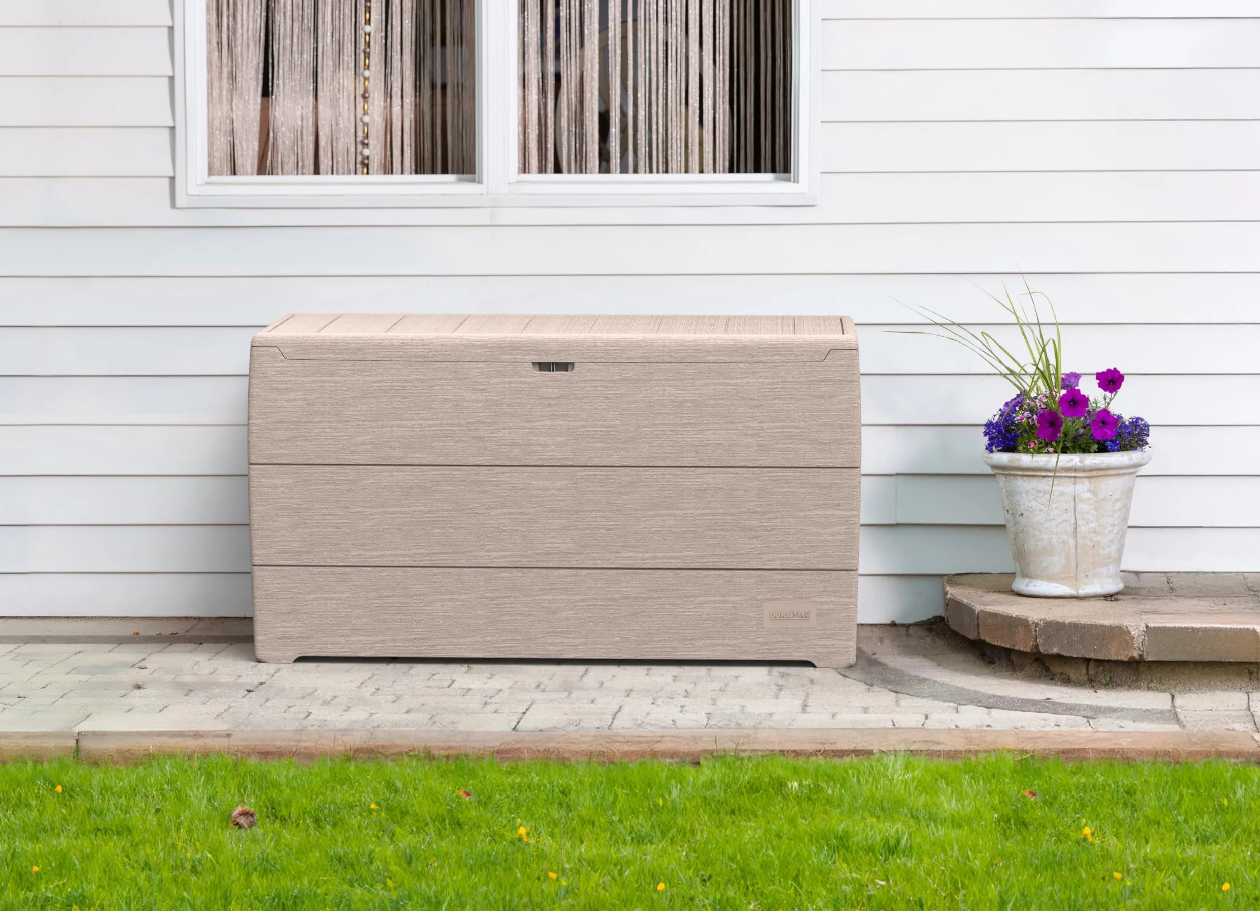 Duramax Cedargrain Durabox plastikowe pudełko do przechowywania, organizer na meble ogrodowe, zamykana pokrywa, plastikowe pudełko na poduszki z kółkami i uchwytami, pudełko na patio, ciepły taupe