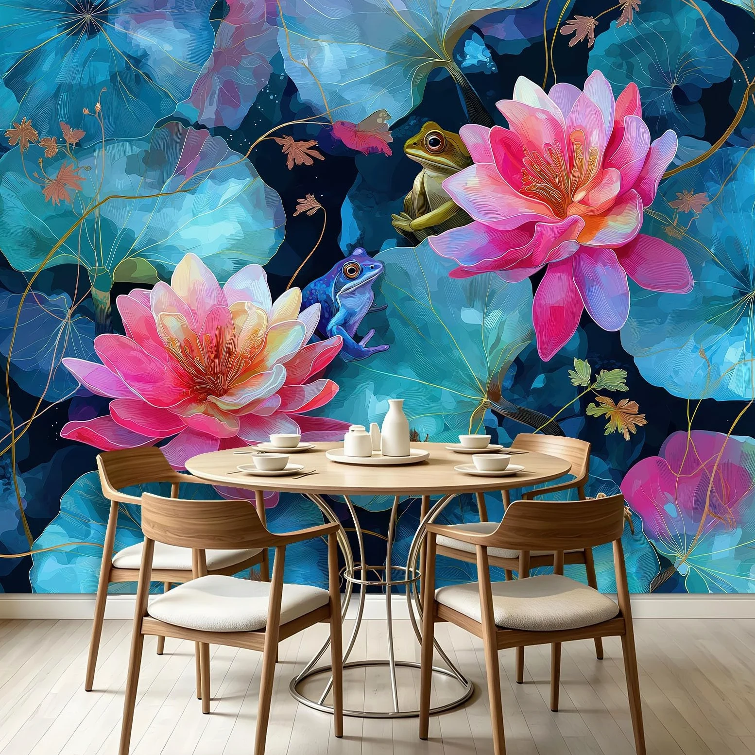 Générique Tapeta ścienna do salonu - akwarela żaby zwierzęta - 350x256cm Panoramiczna tapeta z włókniny, kwiatowe lilie wodne liście lotosu dekoracja ścienna 3D gobelin zdjęcie