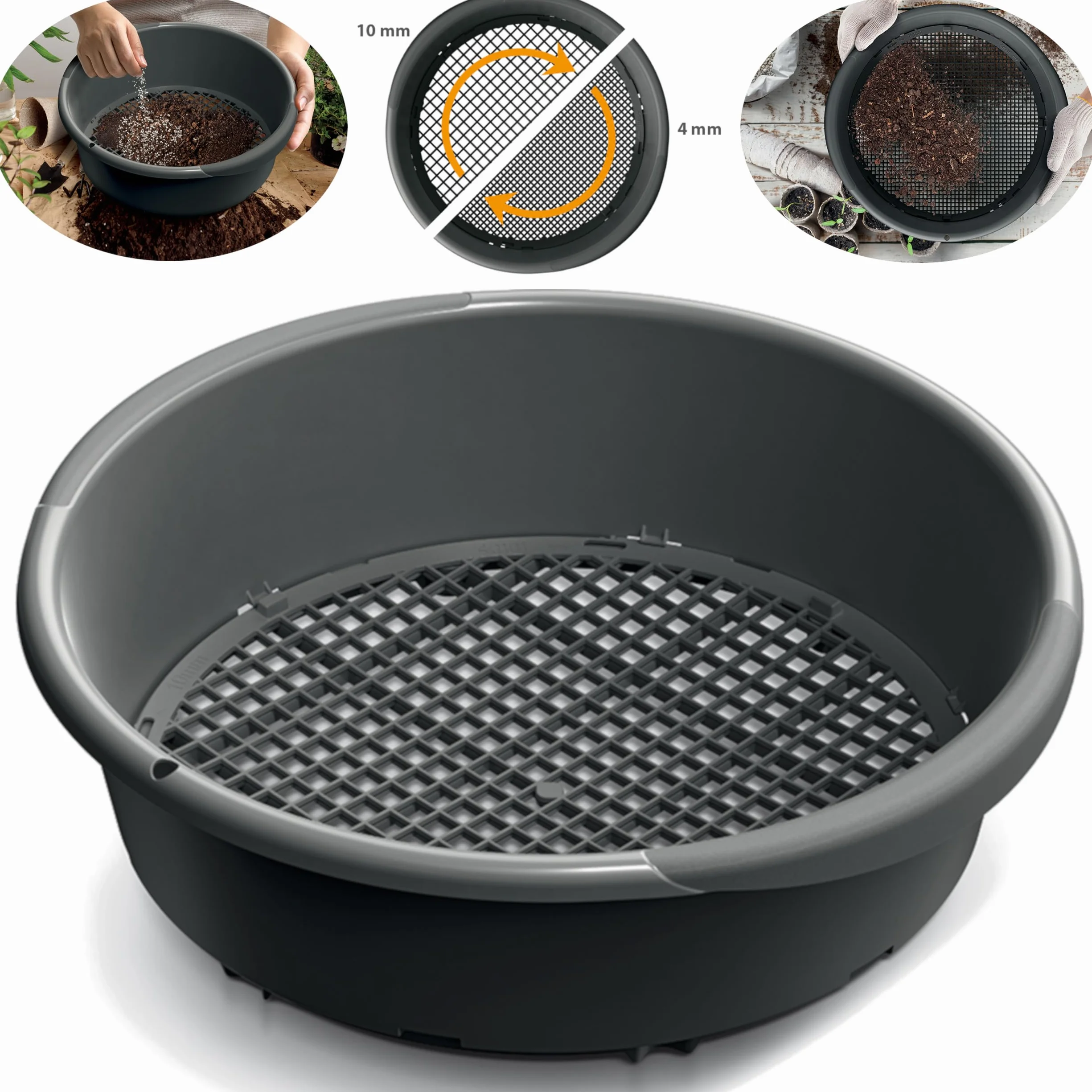 botle Sitko ogrodowe z tworzywa sztucznego, rozmiar otworu sitkowego 4-10 mm (śr. x wys.) 37,4 cm x 10,4 cm, antracytowe, okrągłe, ręczna regulacja wkładu sitkowego do piasku i kompostu