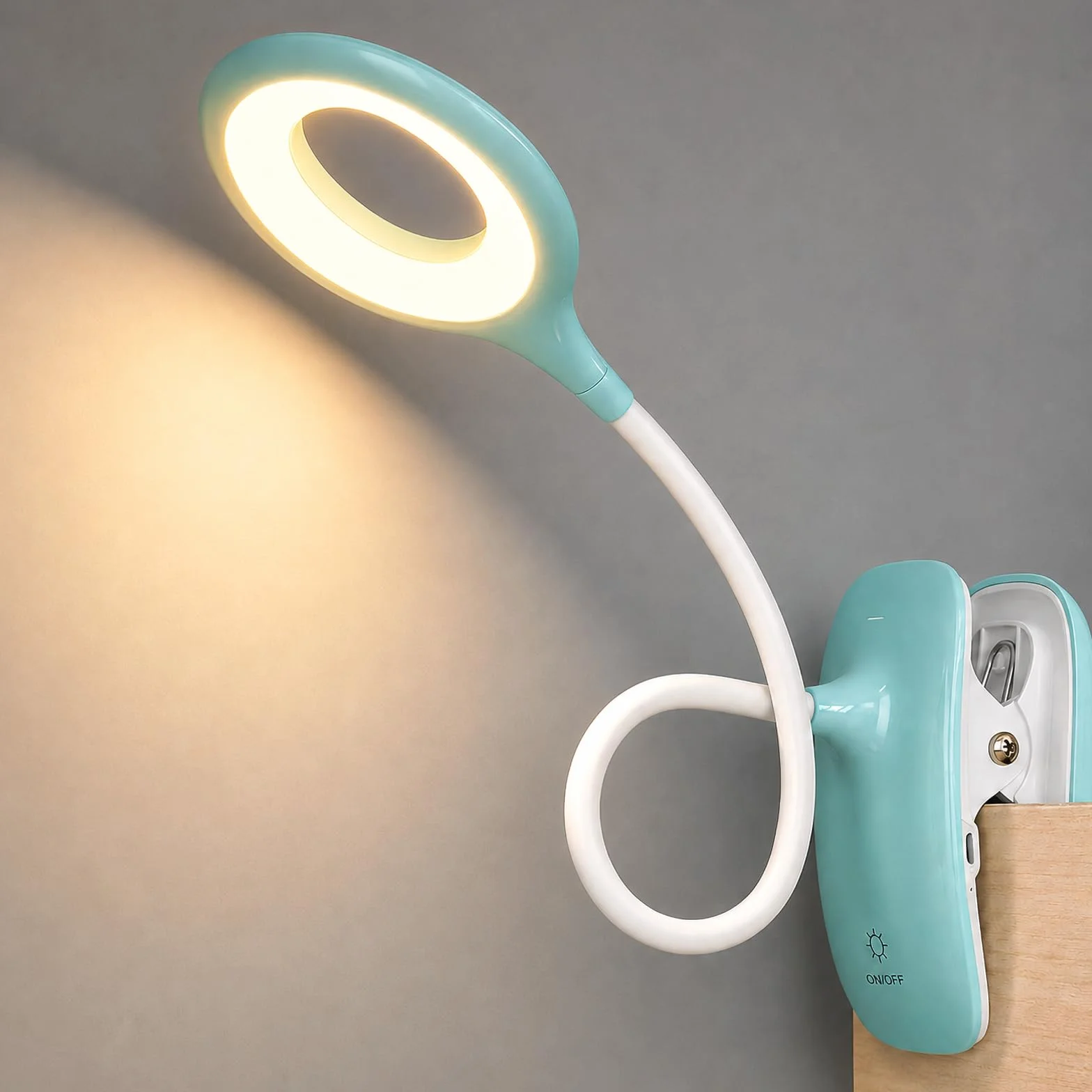 Lampka Zaciskowa do Łóżka dla Dzieci, LED Lampka do Czytania z Klipsem USB, 3 Kolory Światła, Dotykowe Ściemnianie, Lampka Nocna z Elastycznym Ramieniem do Pokoju Dziecka, Łóżka Piętrowego,niebieska