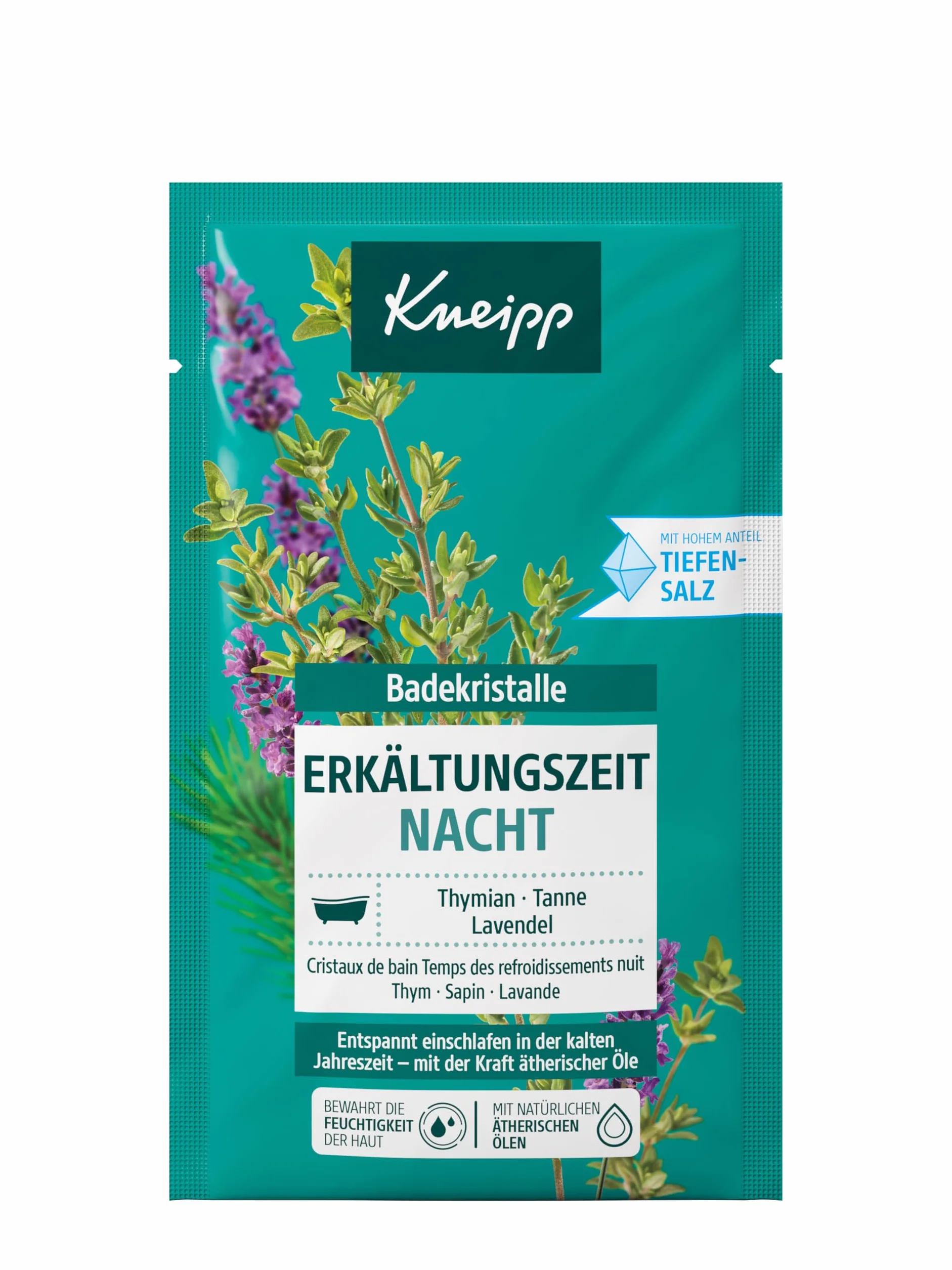 Kneipp Kryształy do kąpieli w nocy – naturalna sól do kąpieli Saline Luisenhall z olejkami eterycznymi z lawendy, tymianku i świerku – relaksujący sen w zimnych porach roku – 60 g