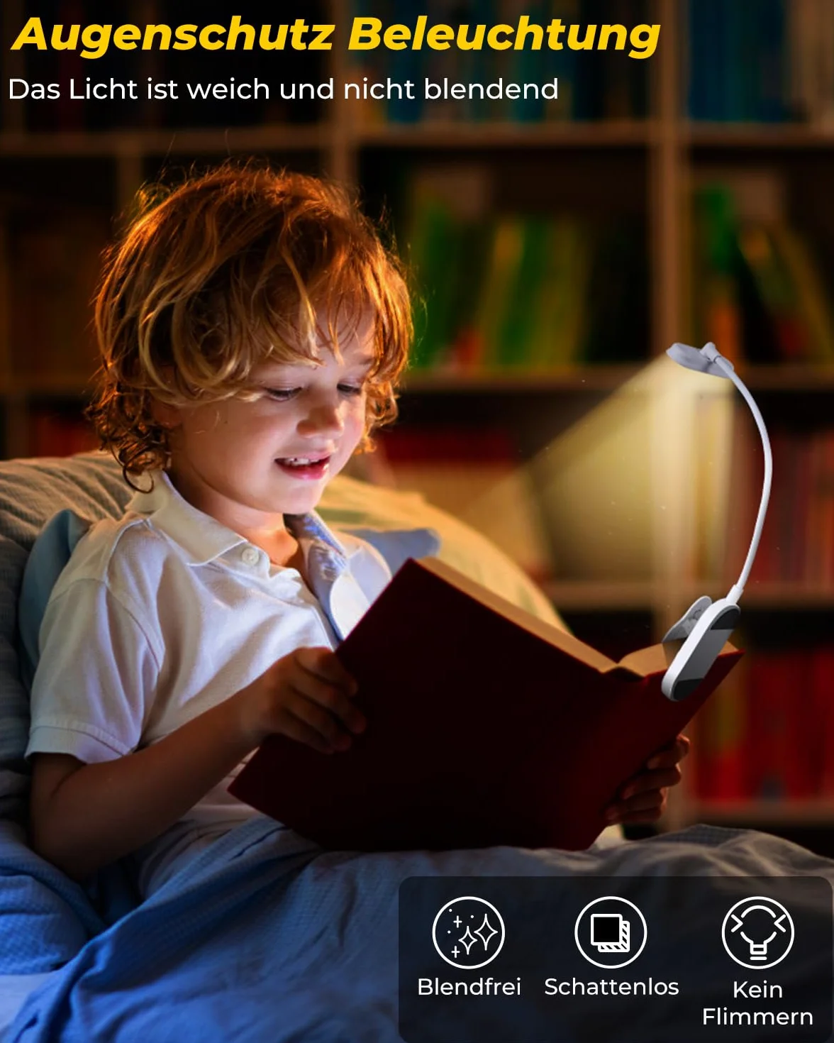 Bonsery Lampa do czytania książek, zacisk 360°, elastyczna, USB C, 16 diod LED, z bezstopniowym ściemnianiem i 3 dopasowaniem kolorów, lampka zaciskowa, lampka do czytania w nocy, biała