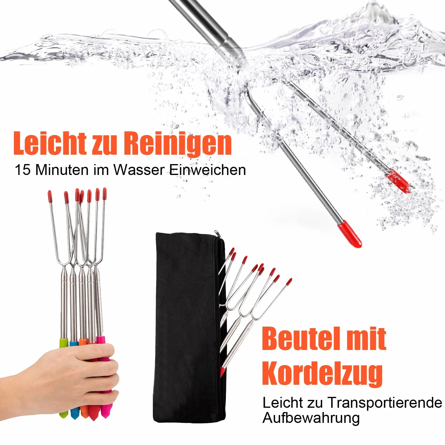 5 sztuk rożen do grilla, rozsuwany 32 cm-115 cm, rożen do grilla, ognisko ze stali nierdzewnej, widelec do grilla, zestaw z gumowym uchwytem i torbą do przenoszenia, do barbecue, na kemping, marshmallow, ognisko
