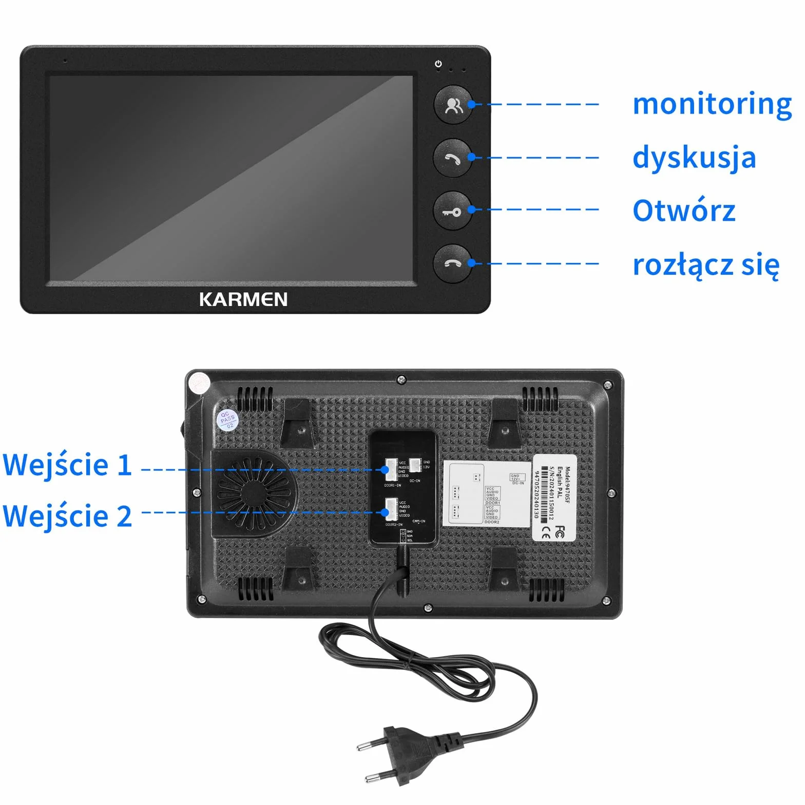 Karmen Przewodowy telefon drzwi wideo, domofon do drzwi, wodoodporny zewnętrzny, noktowizor na podczerwień, rozmowa z gościem, obsługuje AC 100 V-240 V