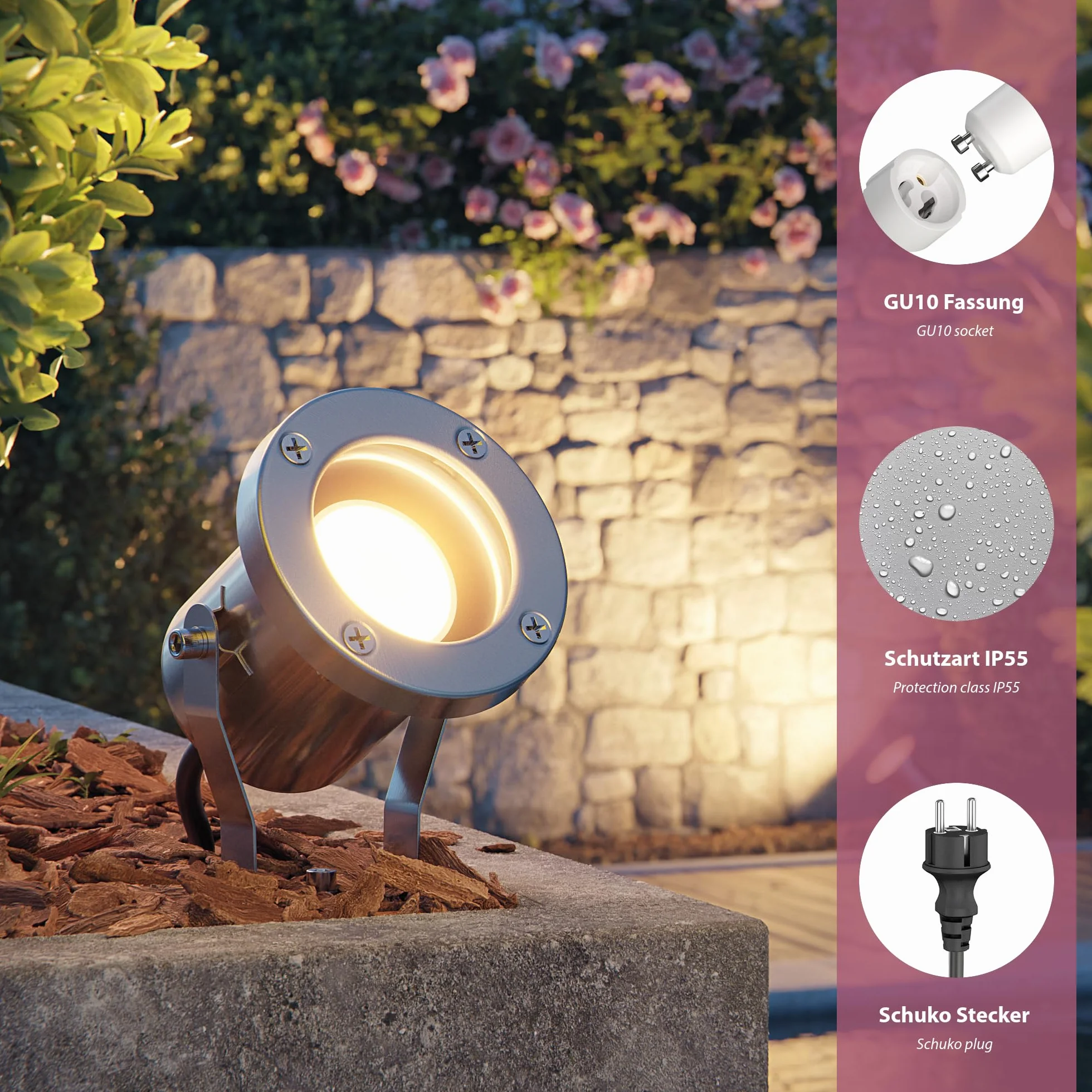 ledscom.de Reflektor ogrodowy LED MIBU z szpikulcem do montażu na zewnątrz, stal nierdzewna, wraz z żarówką GU10 6,826W 630lm 100° ciepło-biały