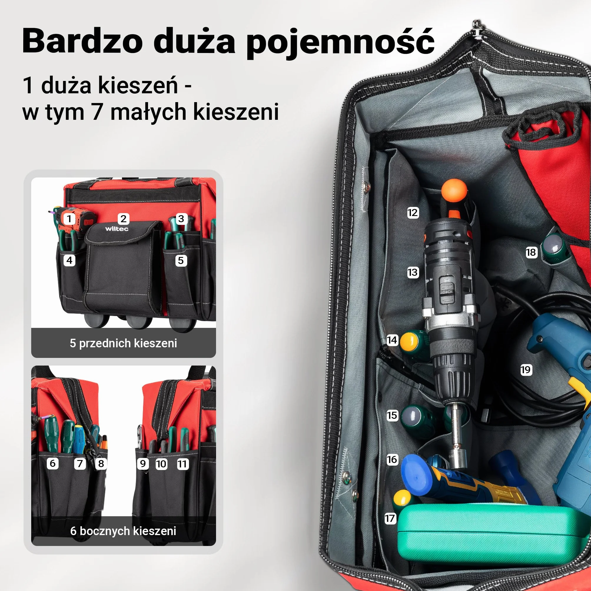 Wiltec Torba na narzędzia do 40 kg z 19 kieszeniami, na kółkach z teleskopowym uchwytem, walizka narzędziowa