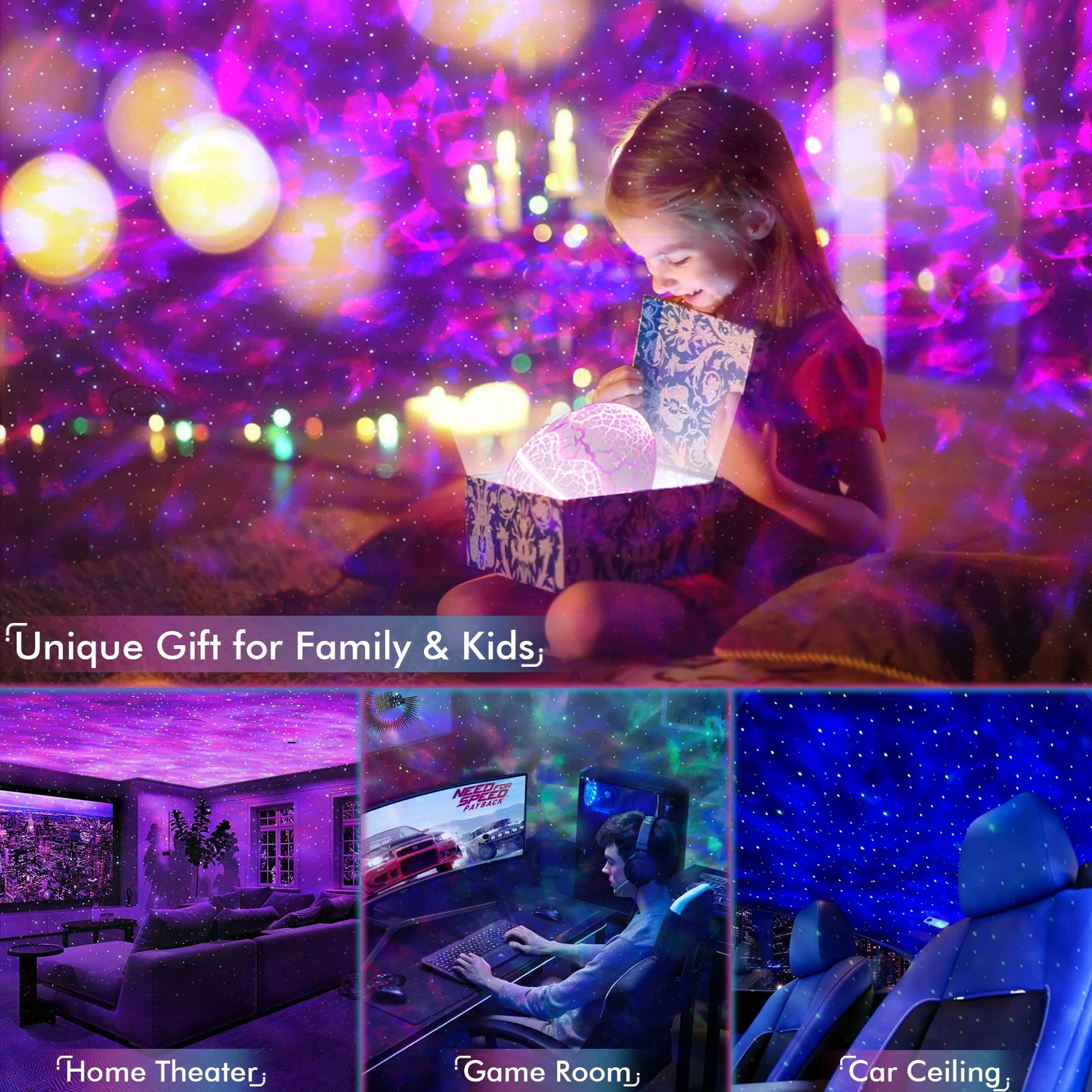 Rossetta Galaxy Reflektor Gwiazdkowy do Sypialni, Pilot Zdalnego Sterowania, Głośnik Bluetooth, Lampka Nocna LED, 14 Kolorów, Pokoju Dziecięcego, Kina Domowego, Imprezę, Salonu