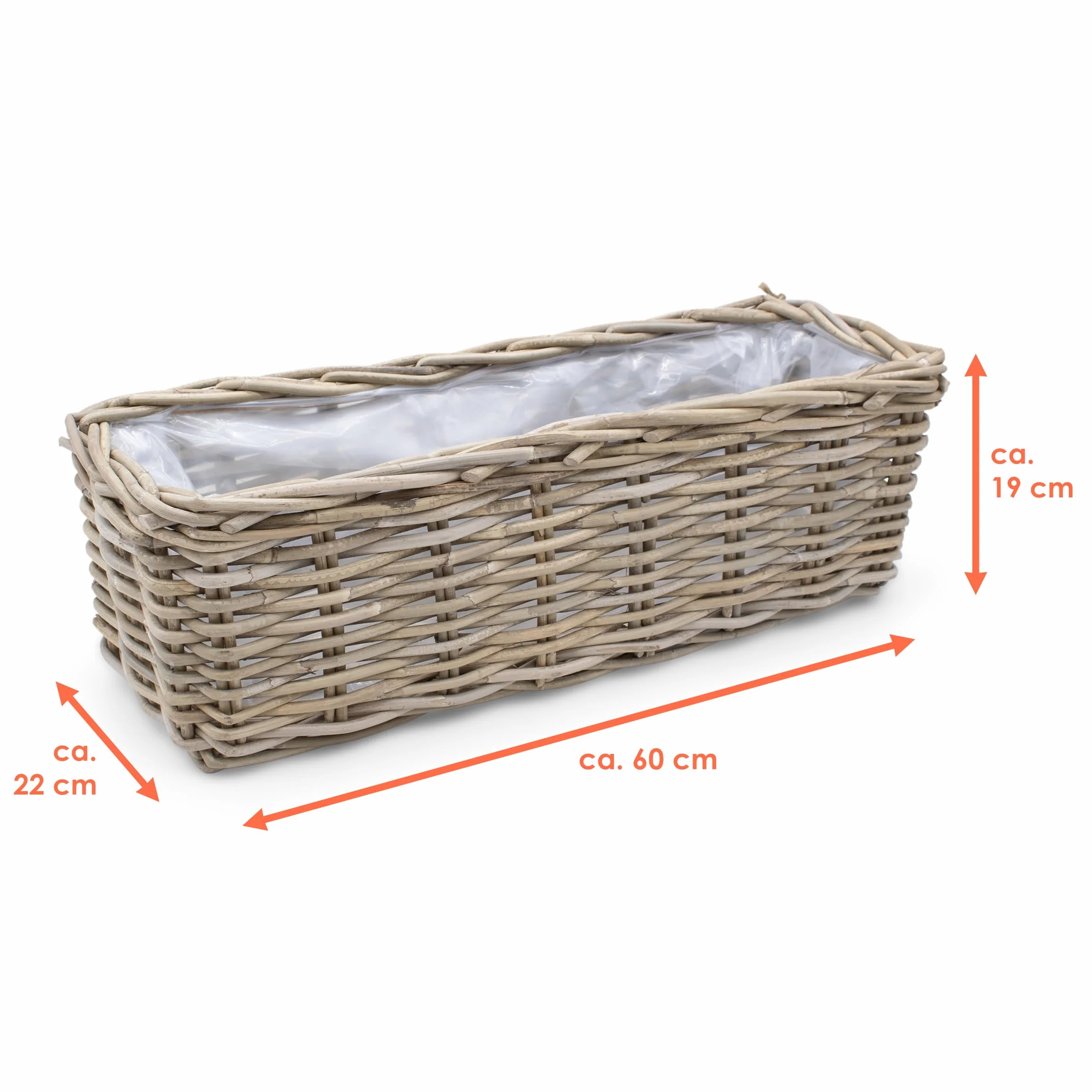 Spetebo Wiklinowa skrzynka na rośliny 60 cm prostokątna rattanowy kosz na kwiaty z folią