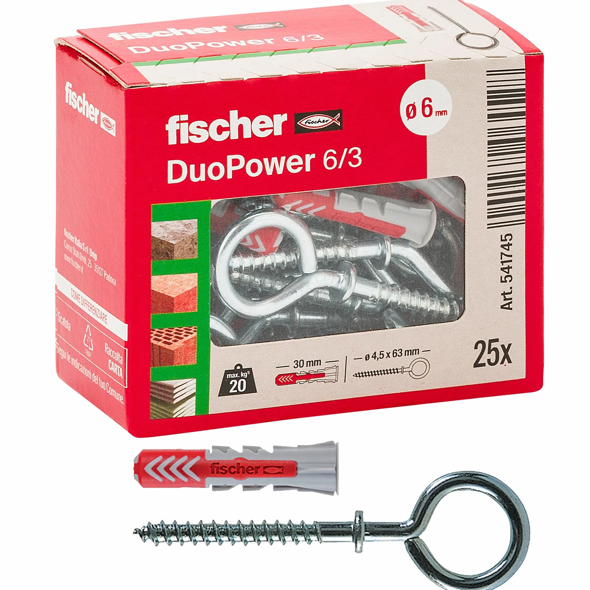 Fischer 541745 kołek rozporowy z zamkniętym oczkiem Duopower, szary/czerwony, 25 pz, sztuka