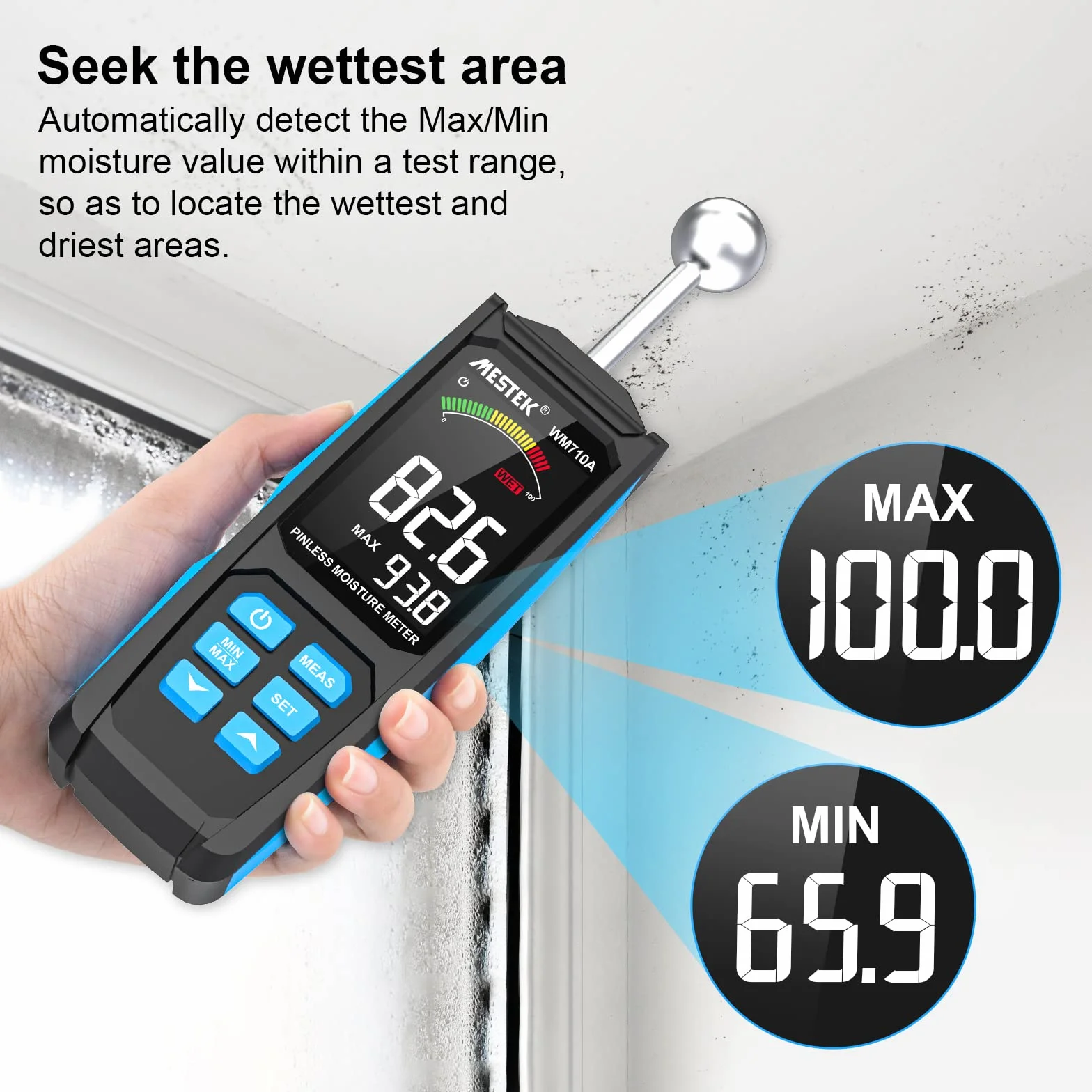 Detector Wilgotności MESTEK 20-40mm Wilgotnościomierz Czujnik Wilgotności Miernik wilgotności Cyfrowy Wyświetlacz LCD Alarm dźwiękowy Przenośny z Baterią do ścian Drewnianych Zaprawa Cementowa