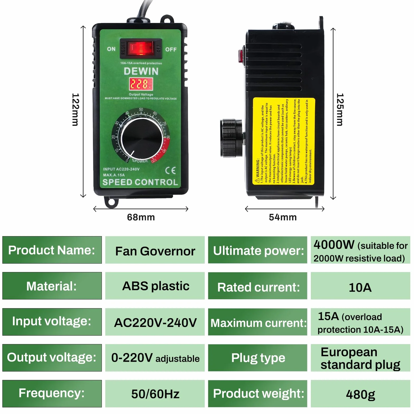 DEWIN Regulator prędkości obrotowej 230 V 15 A bezstopniowy sterowanie wentylatorem ochroną przed przeciążeniem