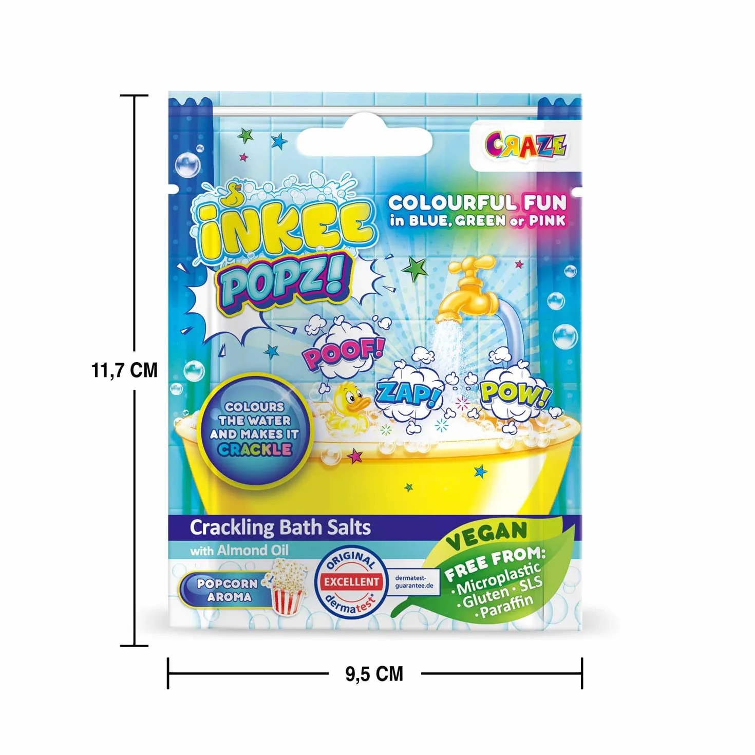 INKEE POPZ | Musująca Sól do Kąpieli dla Dzieci – Kolorowy Dodatek do Kąpieli w Różu, Niebieskim lub Zielonym z Olejem Migdałowym i Aromatem Popcornu, Saszetka 15g – Zabawa podczas Kąpieli