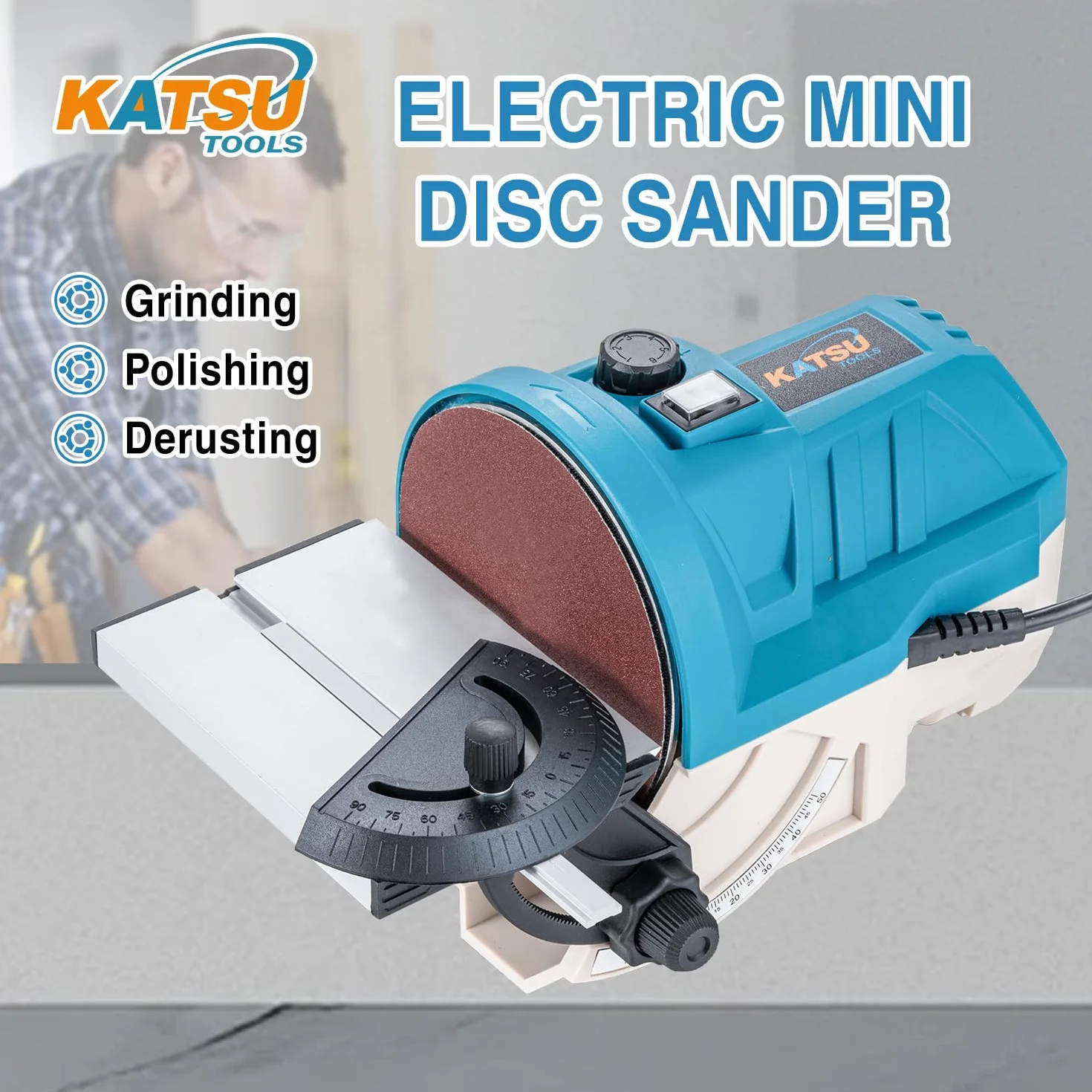 KATSU Tools Mini szlifierka tarczowa 140 W, 125 mm – elektryczna szlifierka / polerka do drewna, regulowana prędkość obrotowa, stół z aluminiowym stołem, w zestawie tarcze