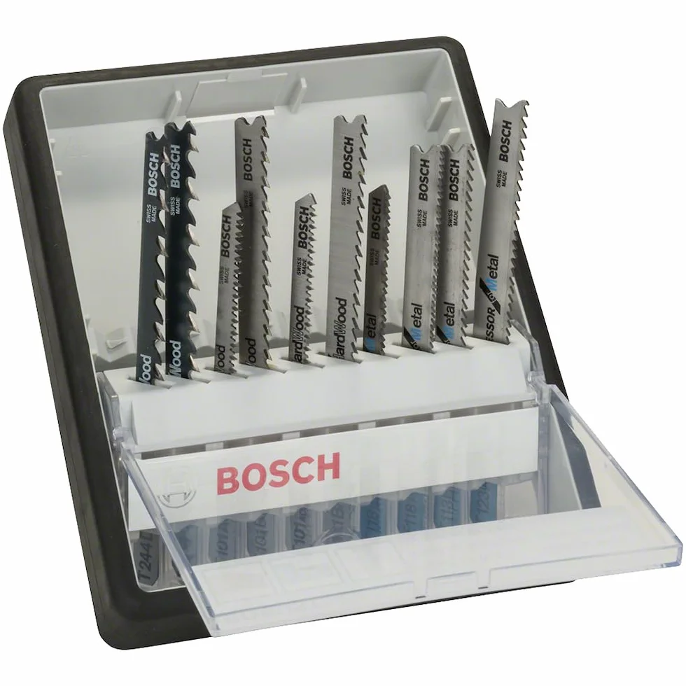 Bosch Professional 10-częściowy zestaw brzeszczotów do wyrzynarek w opakowaniu Robust (do drewna, metalu, laminatu, płyty meblowej, Akcesoria do wyrzynarek z uchwytem T)
