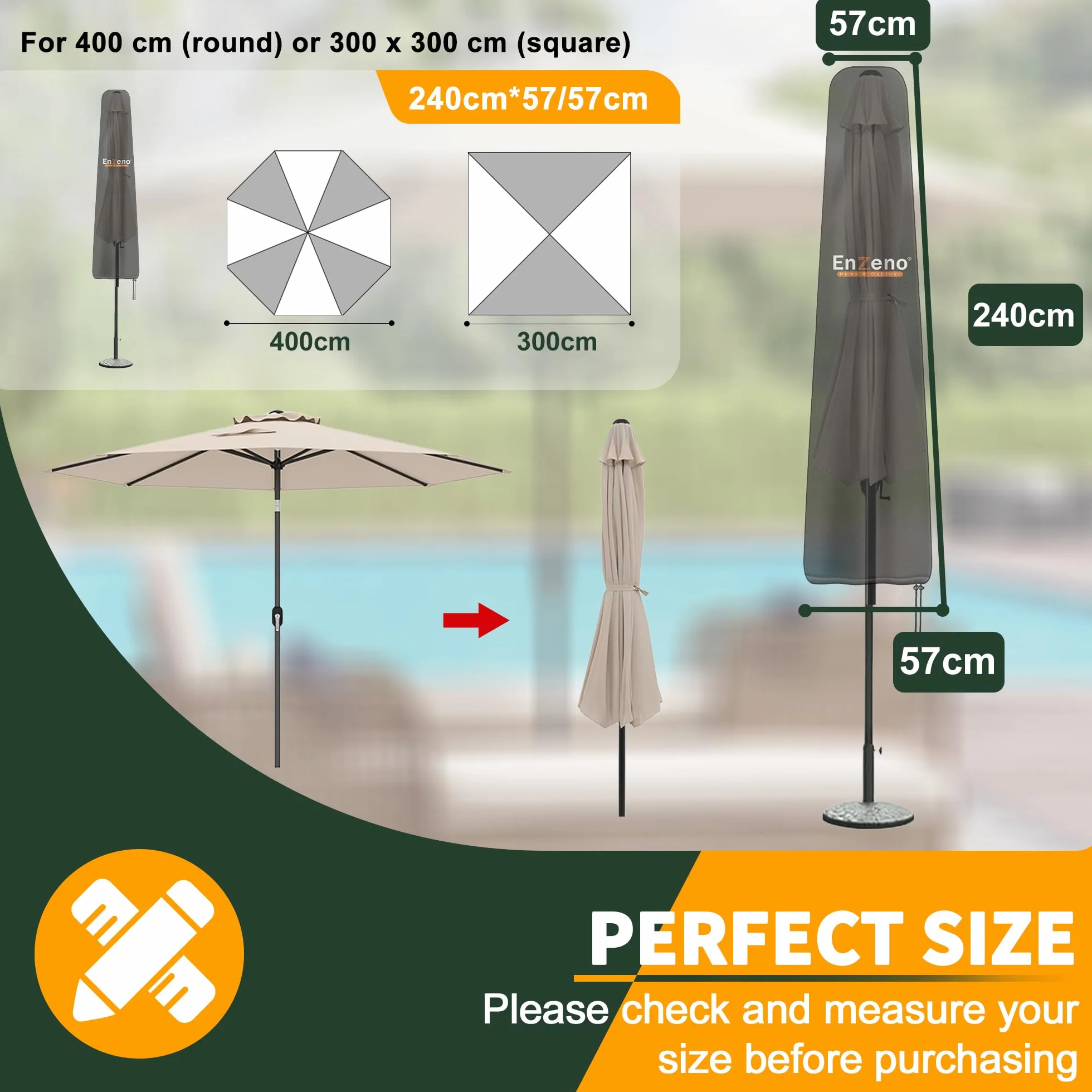 Enzeno Pokrowiec ochronny na parasol przeciwsłoneczny 3-4 m wodoszczelny zamek błyskawiczny 240 x 57 cm