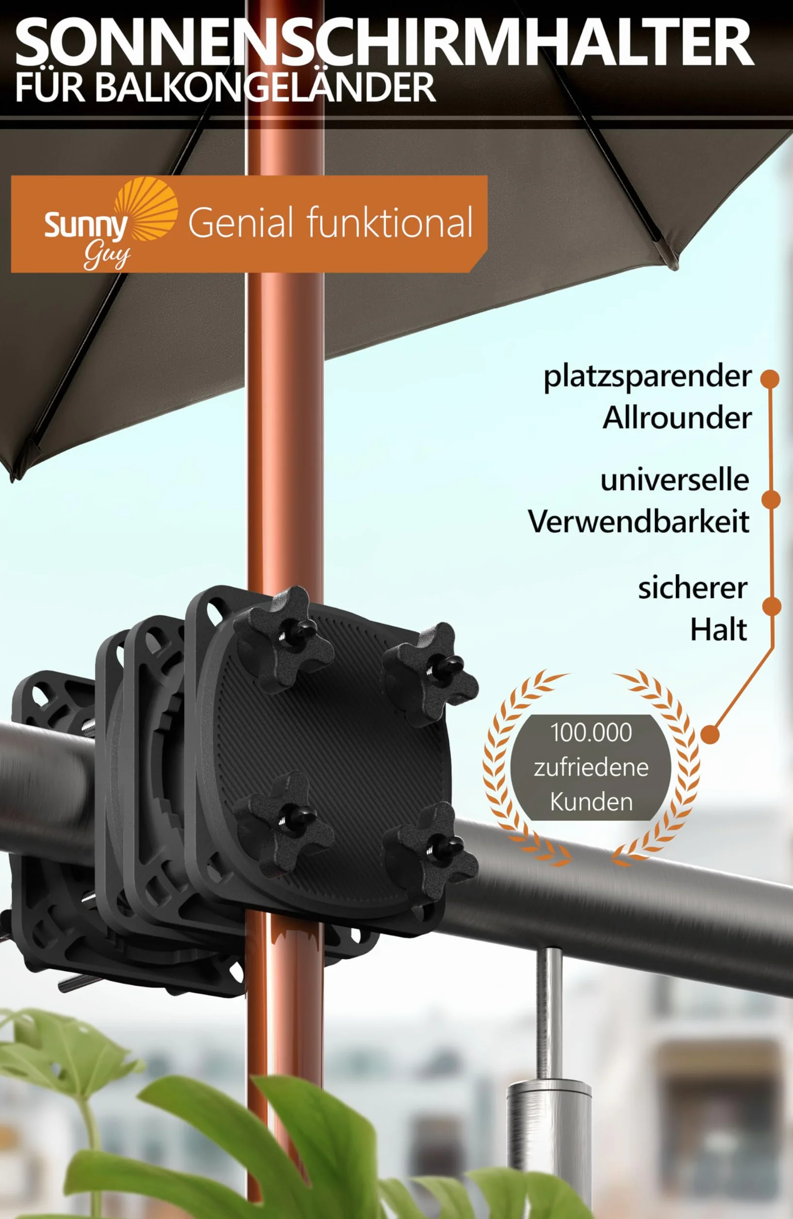 Uchwyt na parasol balkonowy Sunnyguy do 210x140cm prostokątny i okrągły do 270cm