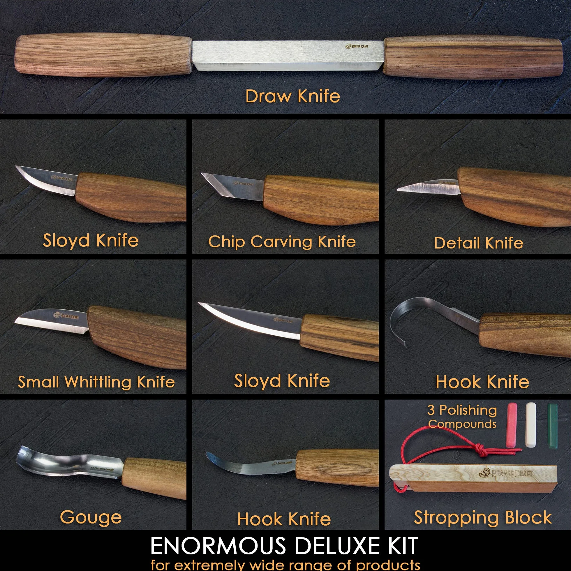 BeaverCraft Luksusowy zestaw do rzeźbienia w drewnie S50X - Narzędzia do rzeźbienia w drewnie Zestaw noży do rzeźbienia w drewnie z łyżką Zestaw noży do strugania dla początkujących i profesjonalistów