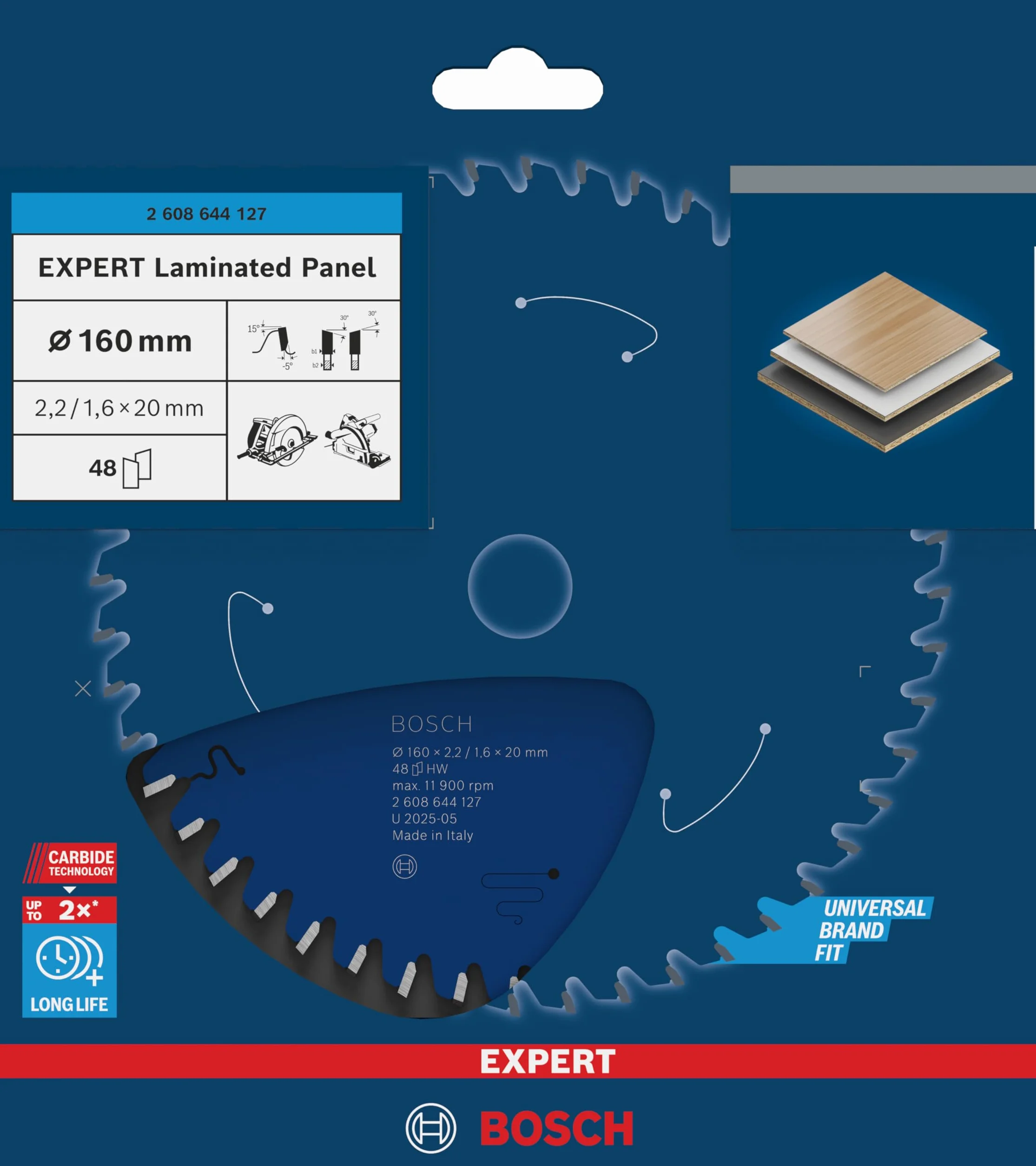 Bosch Professional Brzeszczot do piły tarczowej Expert for Laminated Panel (laminat, 160 x 20 x 2,2 mm, 48 zębów, akcesoria do piły tarczowej)
