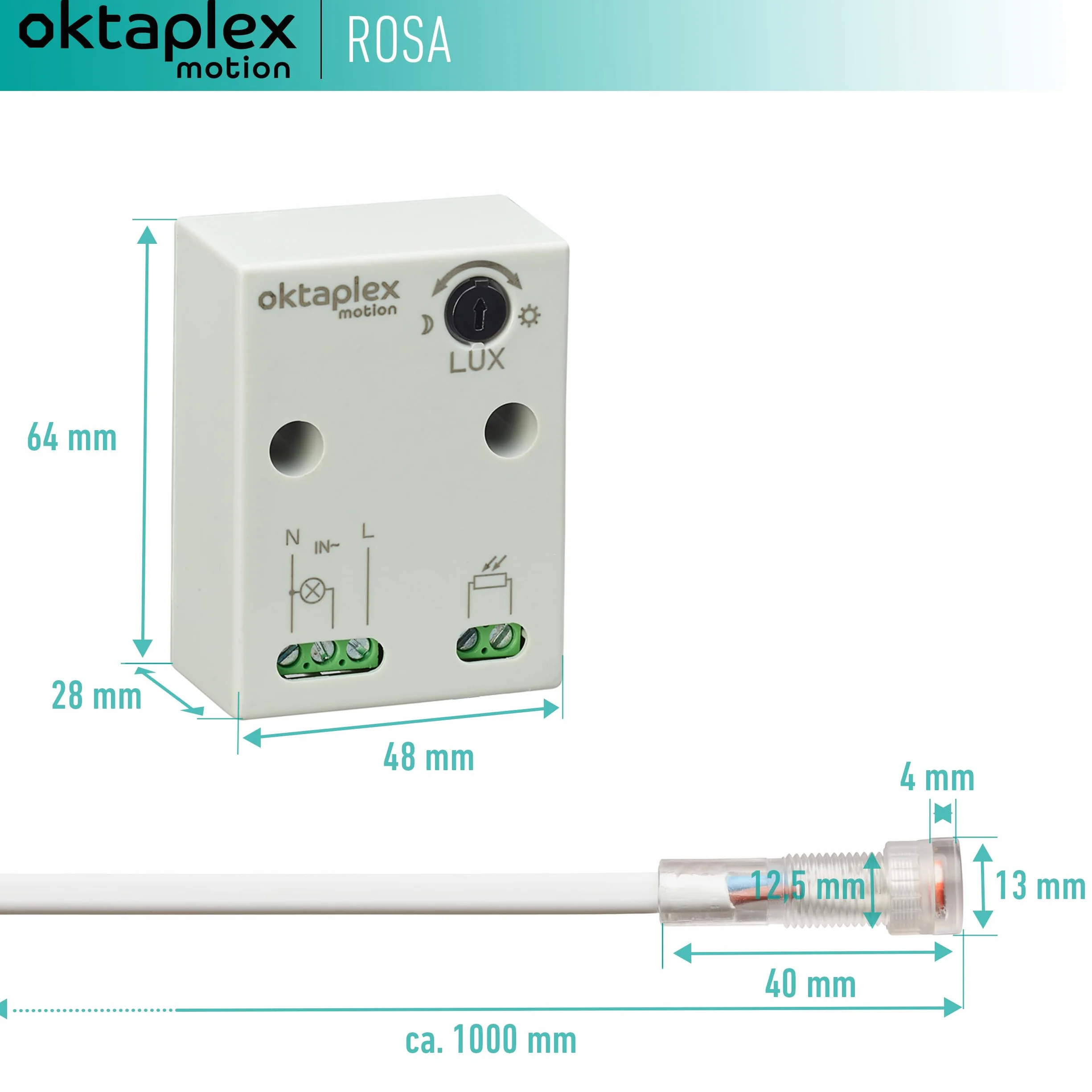 Oktaplex Rosa mini wbudowany przełącznik zmierzchowy czujnik zmierzchu zewnętrzny i wewnętrzny IP65 230 V biały