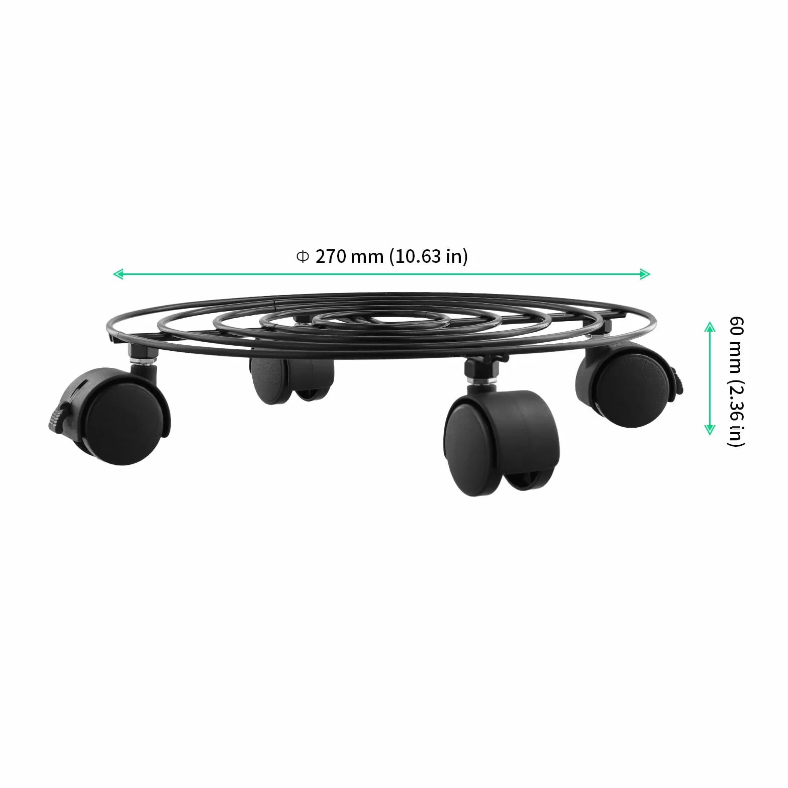 FUNSUEI metalowy stojak na rośliny 27 cm czarny okrągły z kółkami 4 sztuki